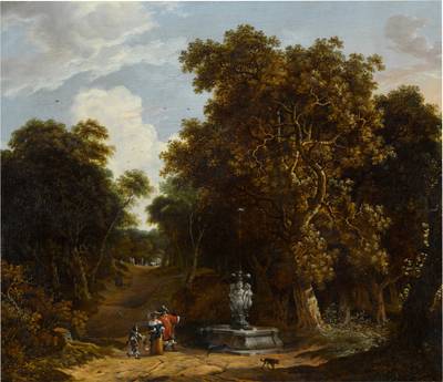 Elegant figures walking by a fountain in a woodland park