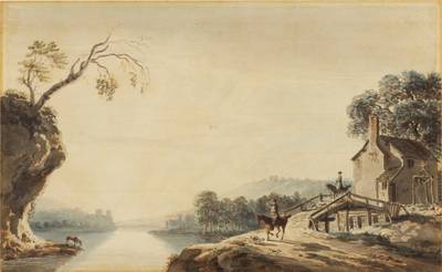 Sportsmen and hounds crossing a bridge