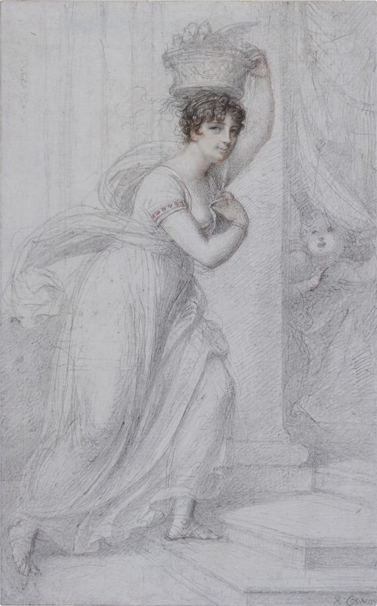 A portrait of a Lady entering the Temple of Venus, encouraged by Cupid, circa 1800