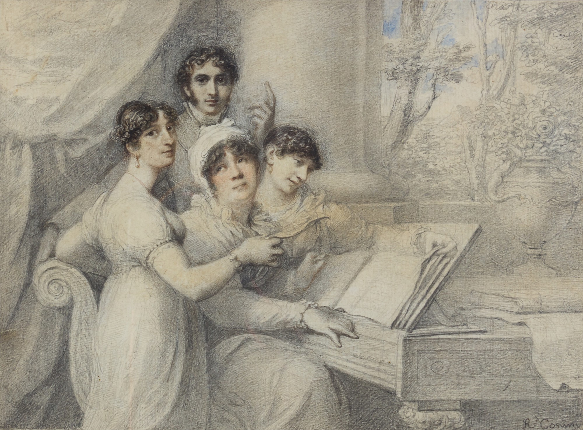 A group portrait of musicians, traditionally identified as John Braham (circa 1774-1856), Harriet Abrams (c.1758-1821), and two others, circa 1810