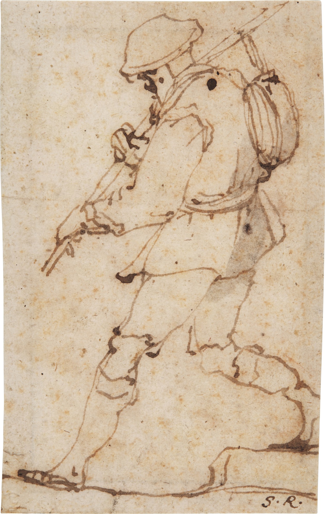 Unknown — Three figure studies: A) A male traveler, walking B) A woman, in profile, leaning forward C) A woman leaning over whilst carrying out some type of labour