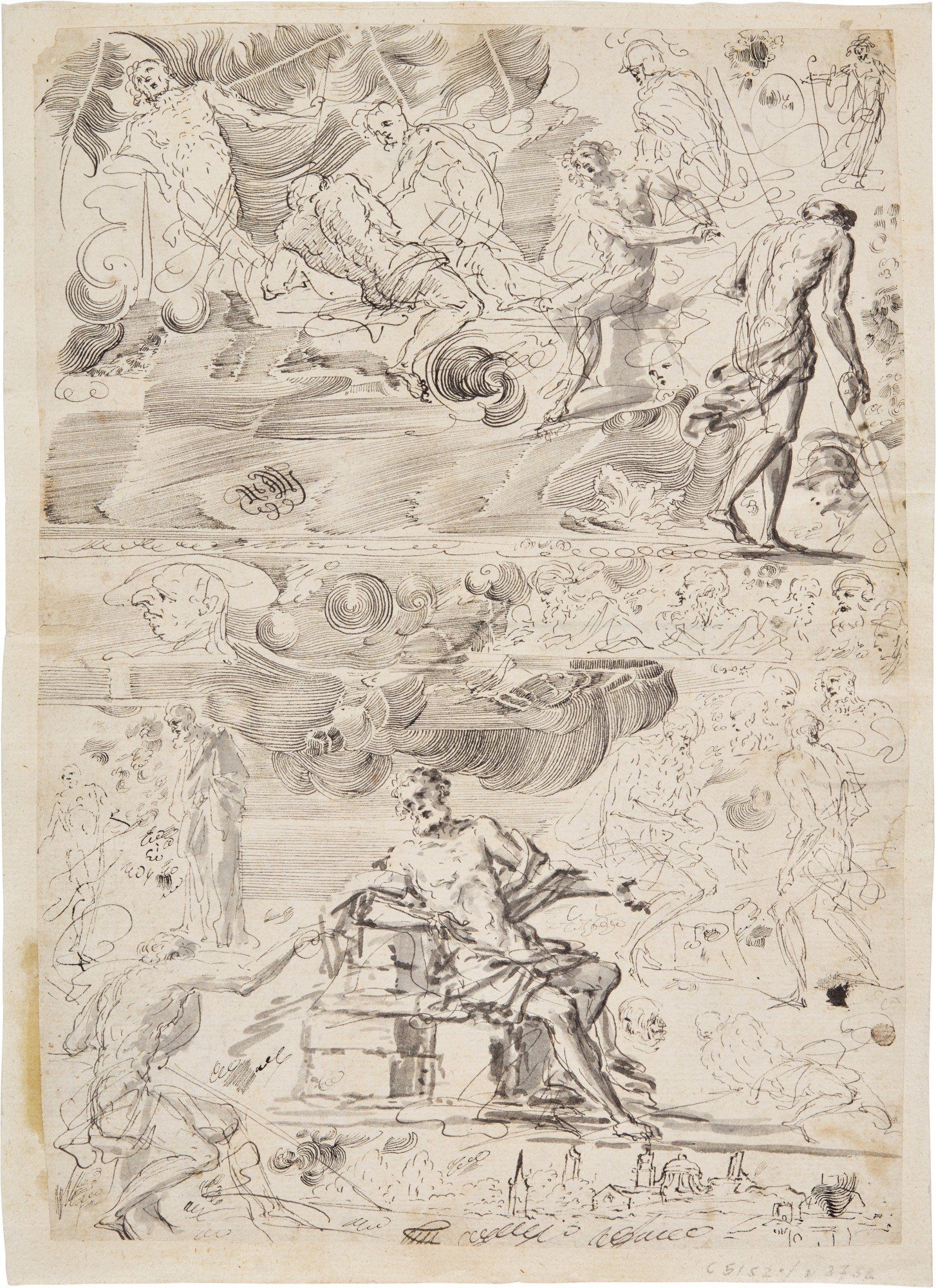 Unknown — A sheet of studies including figure studies, head studies and caricatures