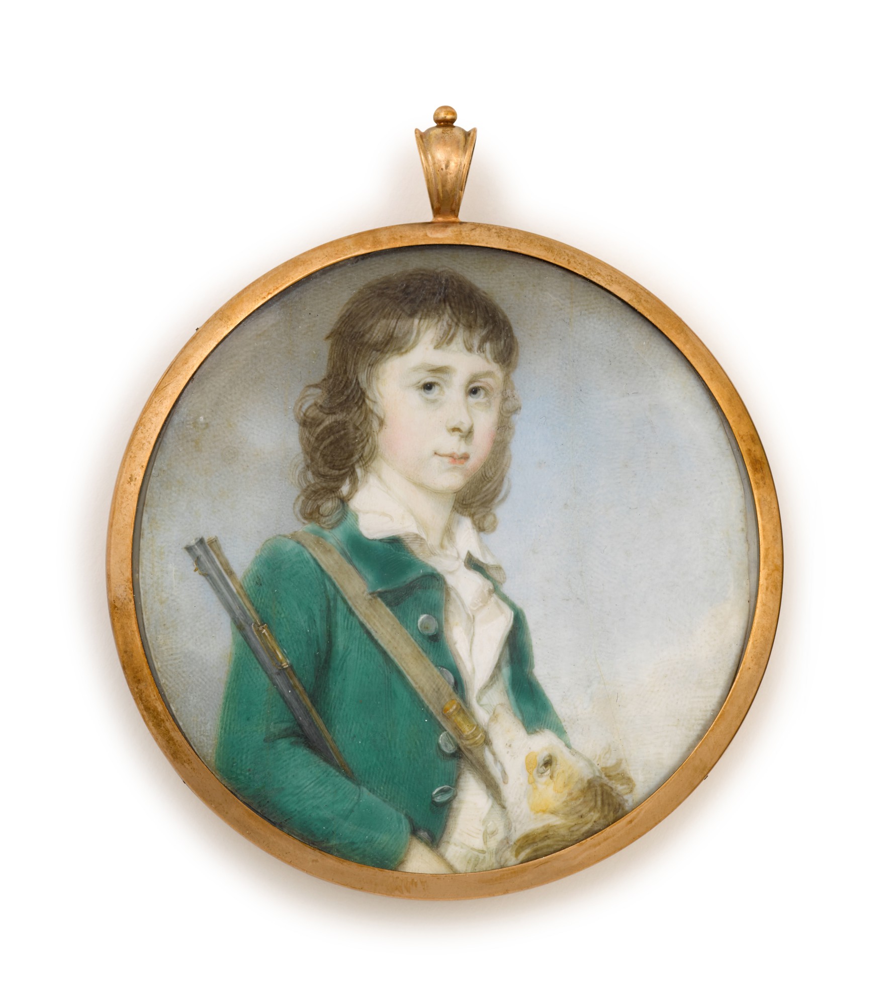 Portrait of a young boy, seen holding a gun and with his dog, circa 1770
