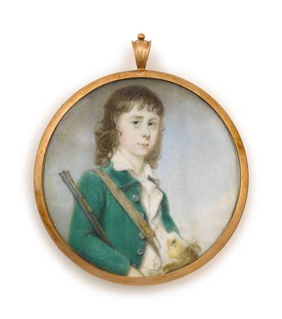 Portrait of a young boy, seen holding a gun and with his dog, circa 1770