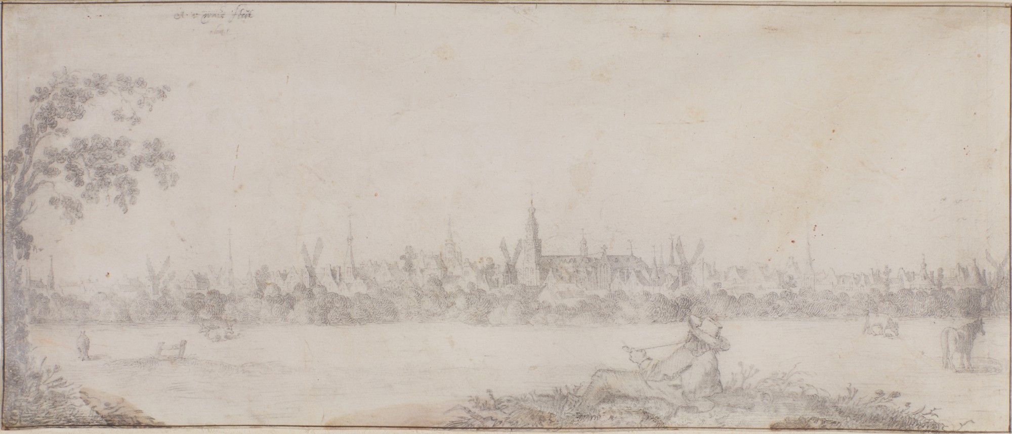 Aart van Wais — View of Dordrecht with a man reclining and smoking a pipe in the foreground
