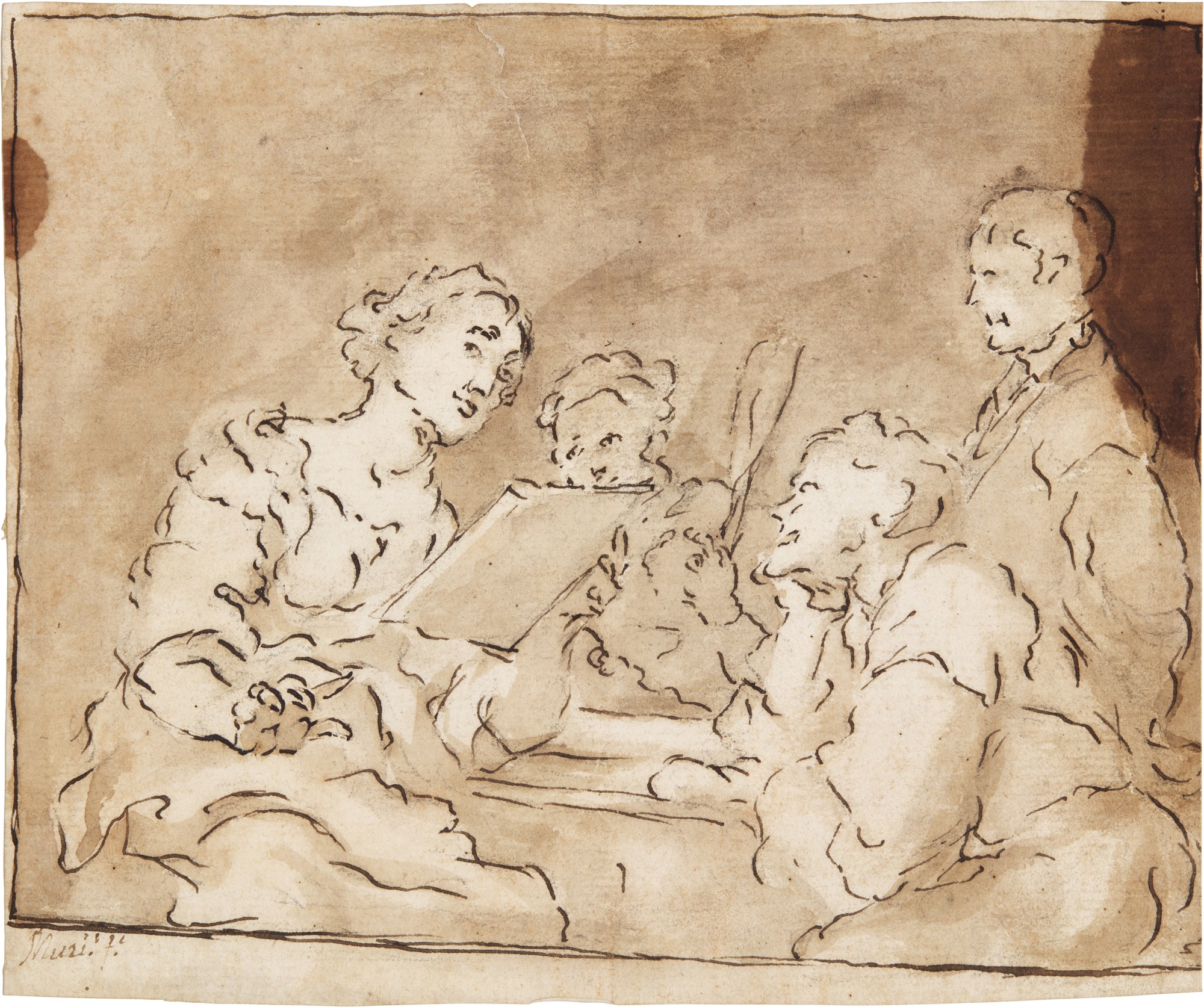 Unknown — Three men around a table listening to a woman who is probably singing