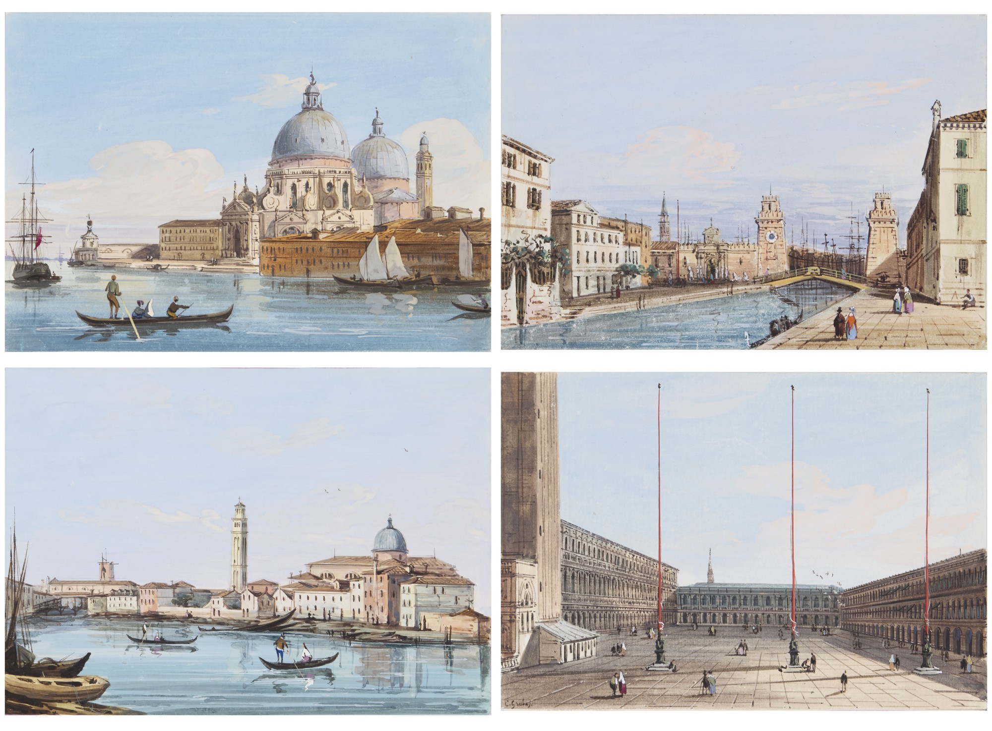 Four views of Venice: A) Piazza S. Marco dalla Basilica B) S. Pietro Di Castello C) Ingreso all' Arsenale D) Chiesa della Madonna della Salute e Punta della Dogana