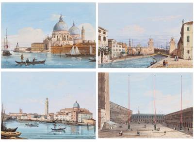 Four views of Venice: A) Piazza S. Marco dalla Basilica B) S. Pietro Di Castello C) Ingreso all' Arsenale D) Chiesa della Madonna della Salute e Punta della Dogana