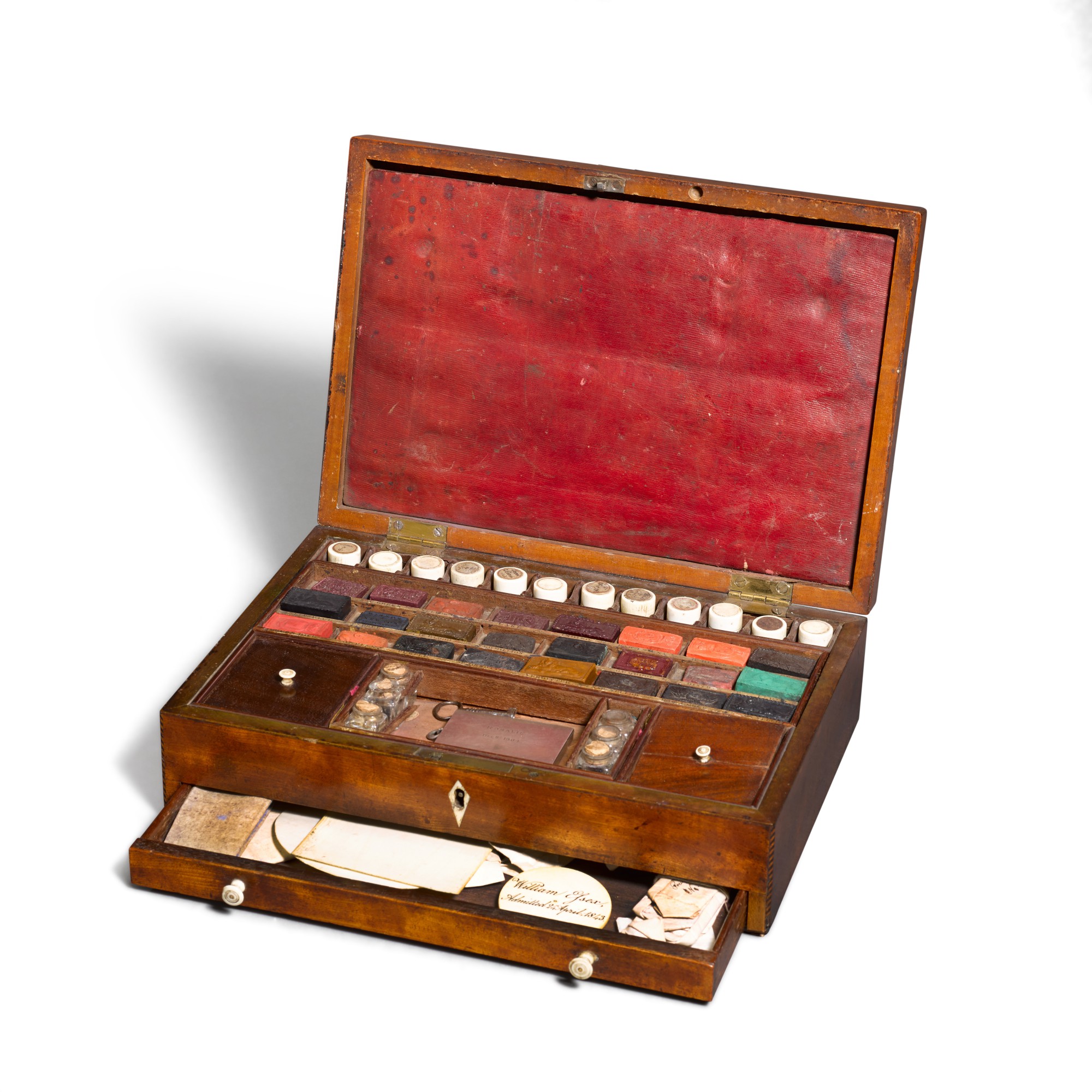A George III mahogany and rosewood paint box — A watercolour paint box, possibly belonging to William Essex (1784-1869)