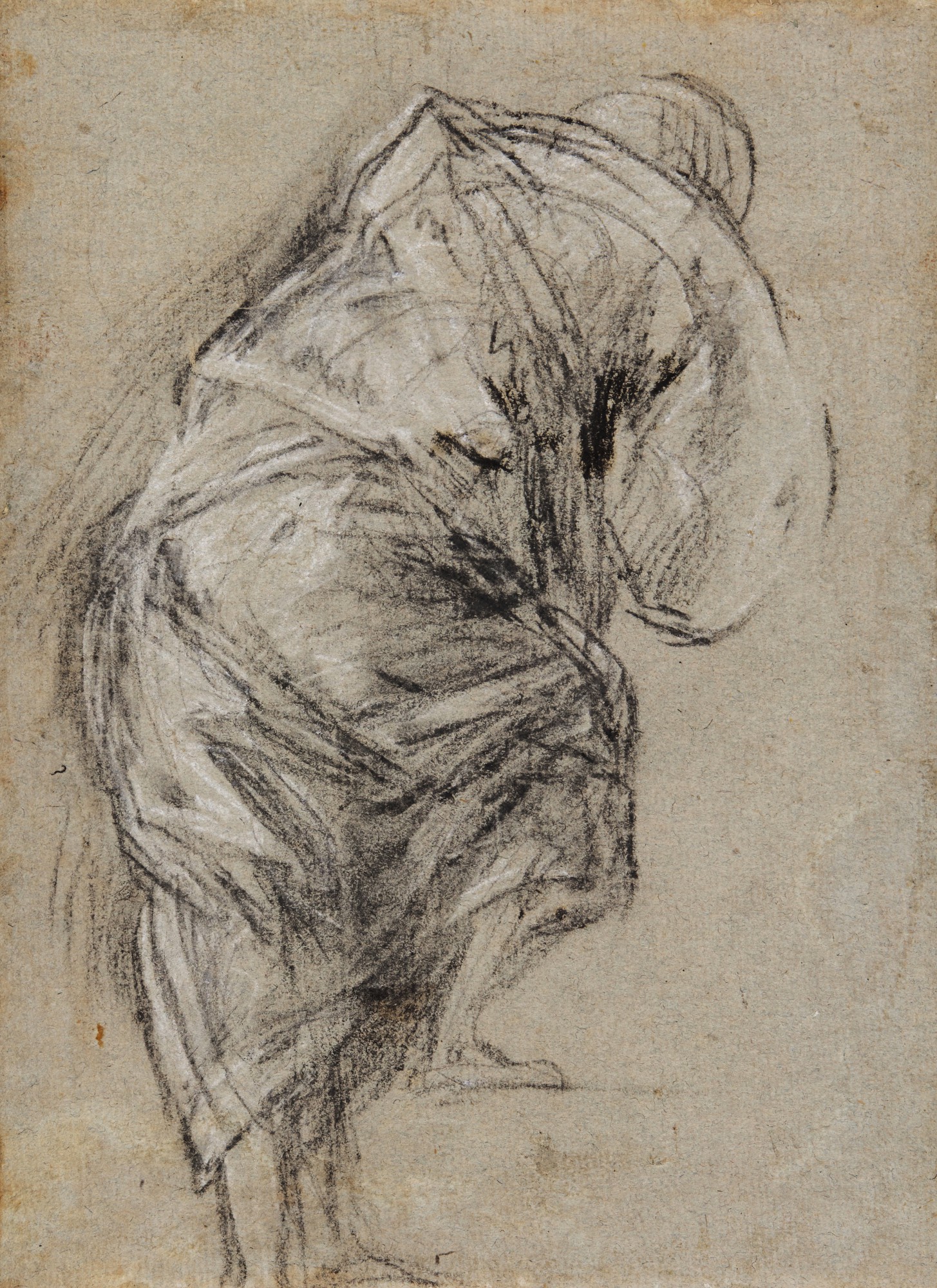 Unknown — Study of a man, seen from behind, stepping to the right, heavily draped