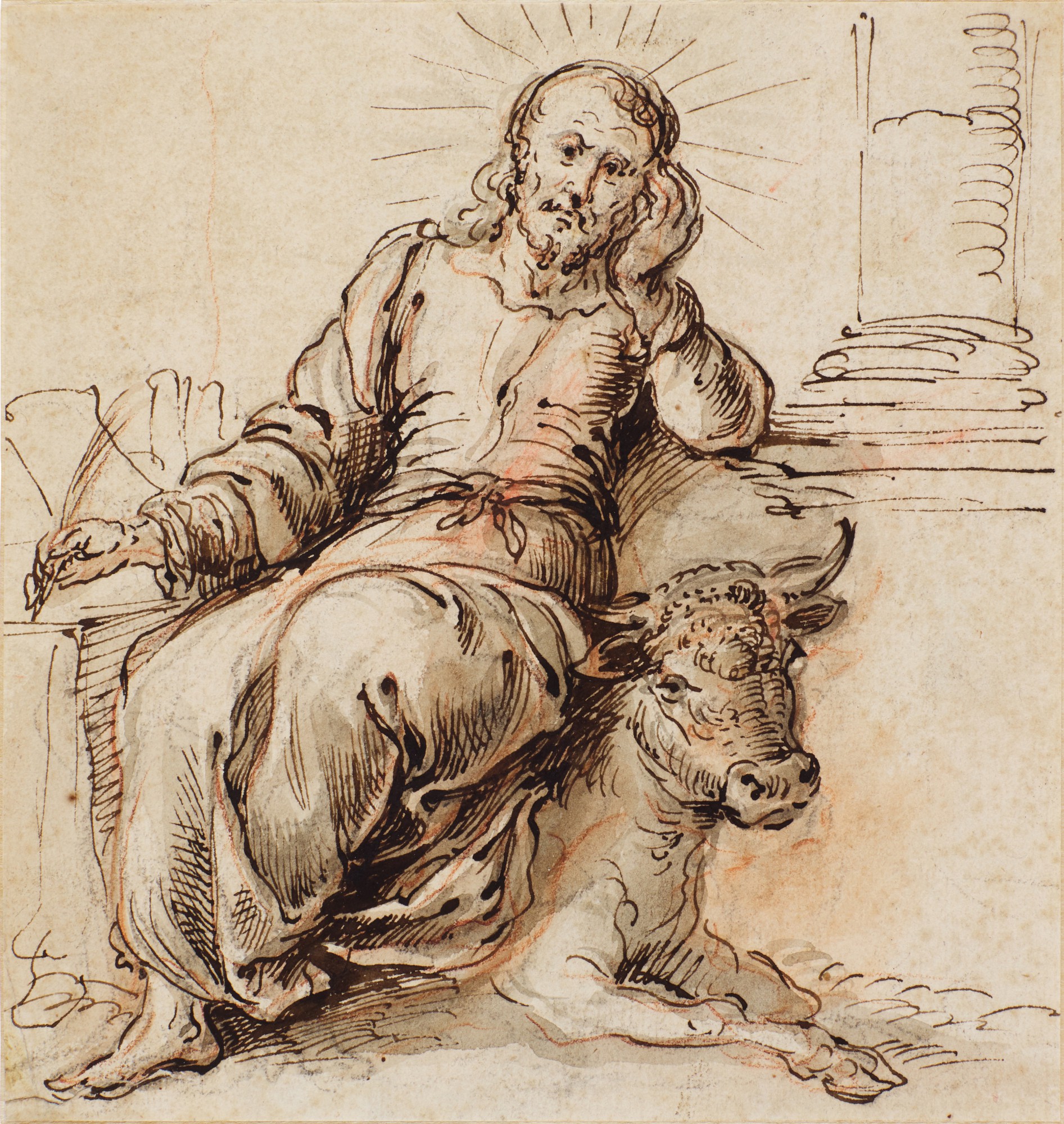 Unknown — Recto: Saint Luke seated on a bull Verso: Two hands holding a quill