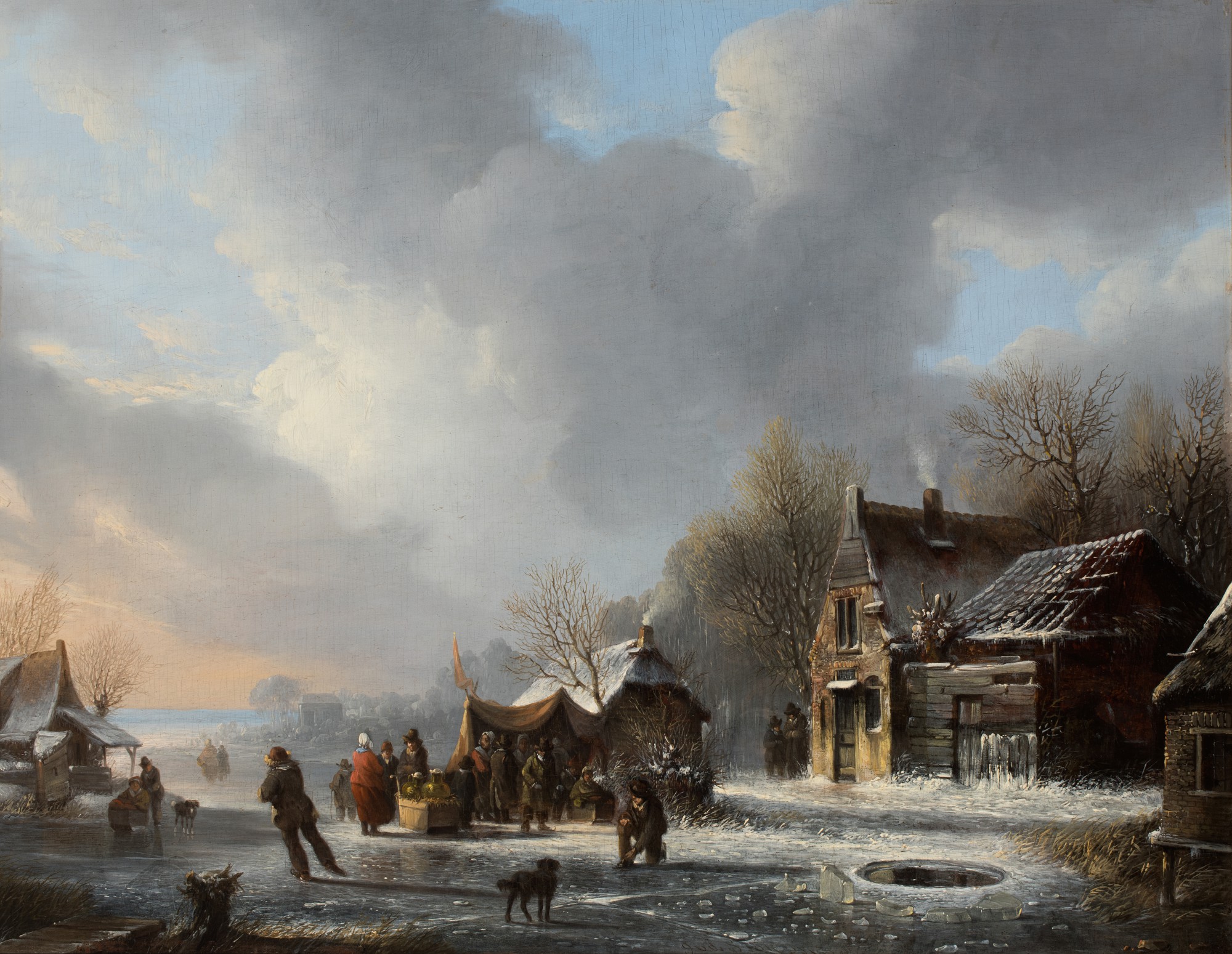 Jacobus van der Stok — Skaters on a frozen river near a Koek-en-zopie
