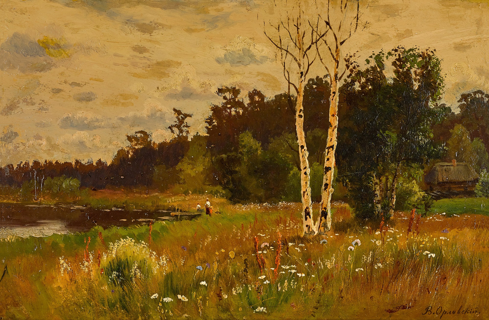 Vladimir Donatovich Orlovsky — Landscape with Pond and Birch Trees