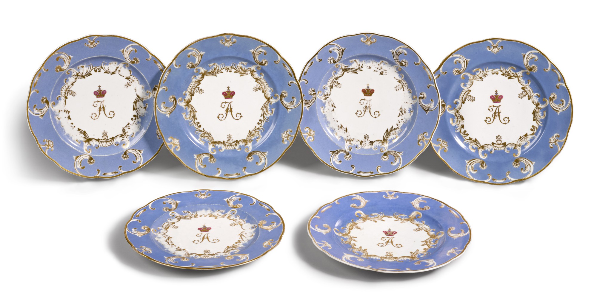 Unknown — Six porcelain dinner plates from the Farm Palace Banquet Service, Imperial Porcelain Manufactory, St Petersburg, period of Nicholas I (1825-1855)