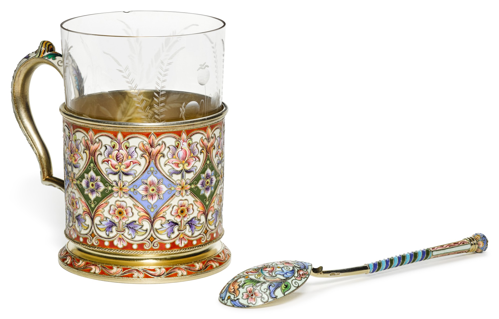 Unknown — A silver gilt and cloisonné enamel tea glass holder and a spoon, Feodor Rückert, Moscow, 1899-1908, retailed by Ovchinnikov