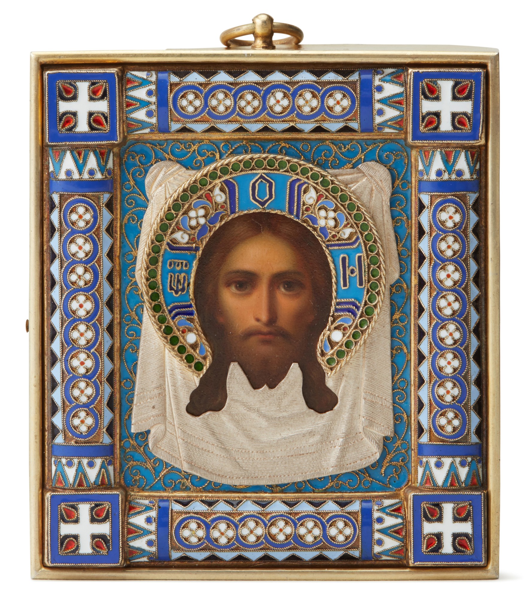 Unknown — A silver-gilt and cloisonné enamel icon of the Mandylion, Pavel Ovchinnikov, Moscow, circa 1890