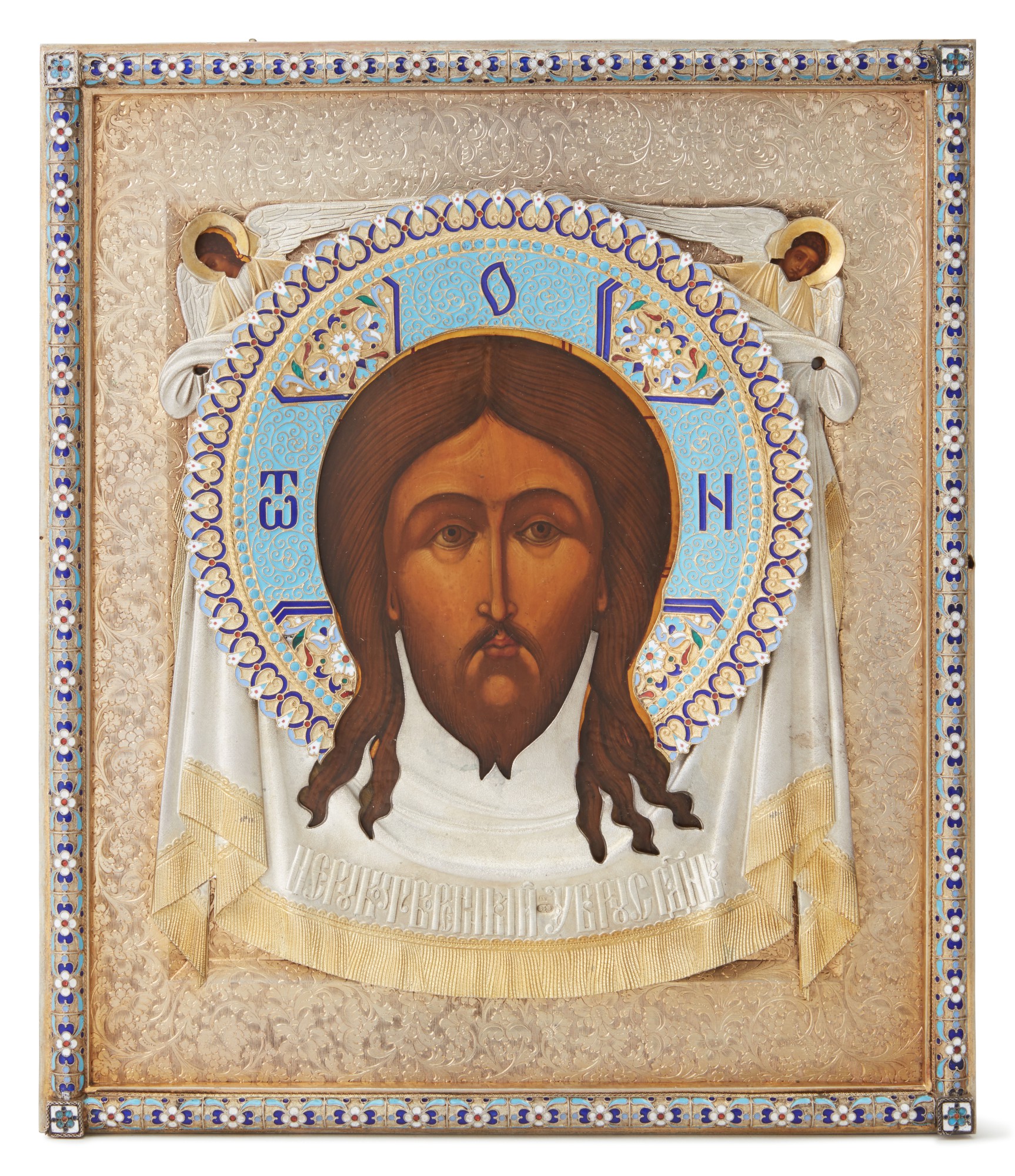 Unknown (Historical) — A silver-gilt and cloisonné enamel icon of the Mandylion, Moscow, circa 1890