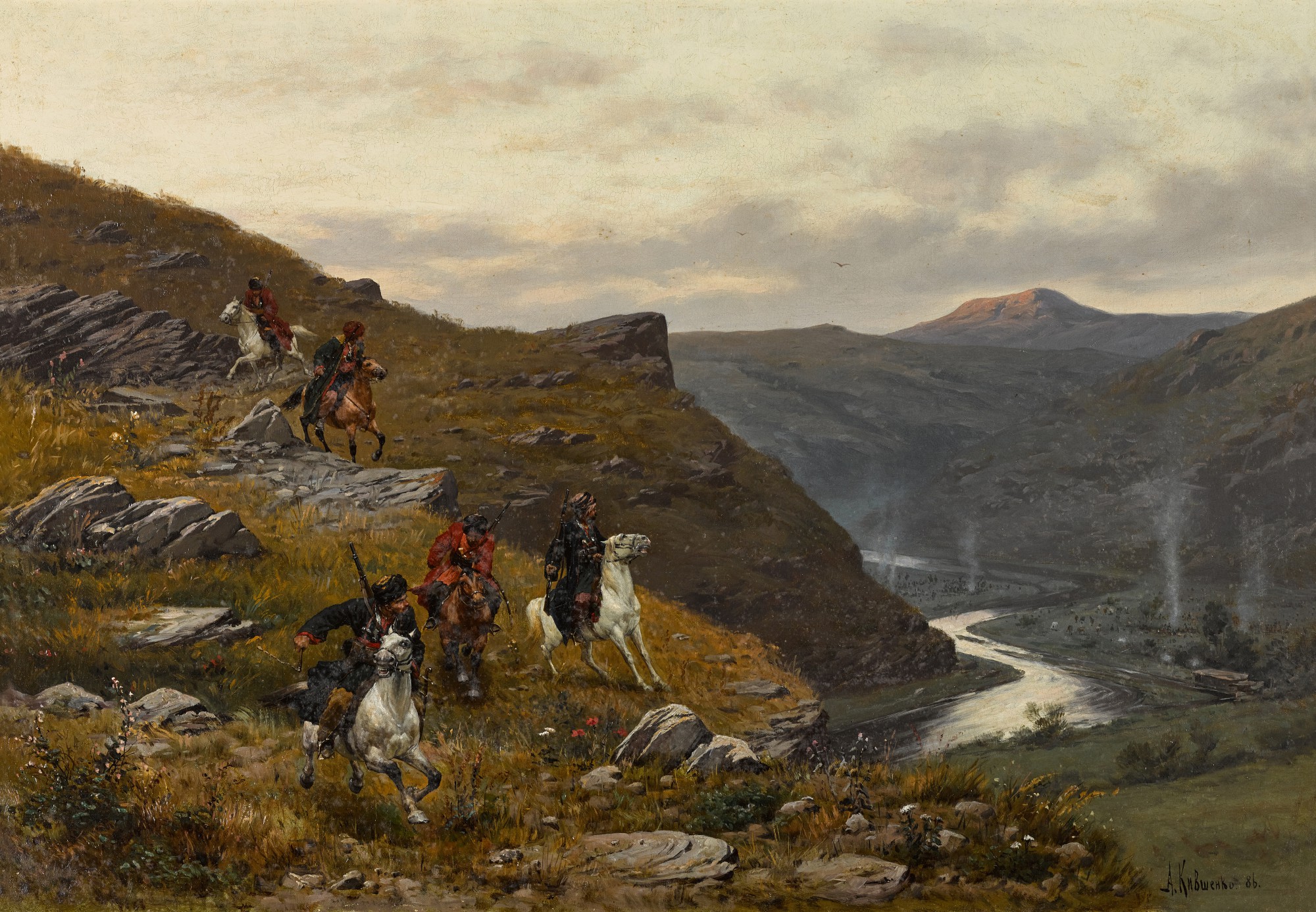 Alexei Danilovich Kivshenko — Cossack Horsemen Observing a Military Camp