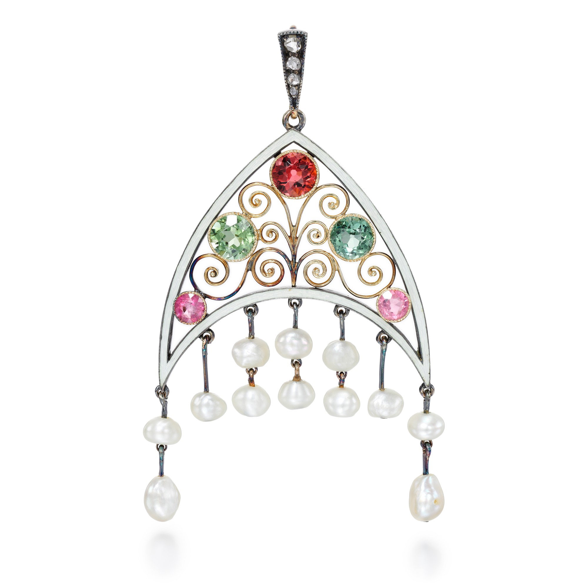 A Fabergé jewelled and guilloché enamel gold pendant, workmaster Albert Holmström, St Petersburg, circa 1909 — A Fabergé jewelled and guilloché enamel gold pendant, workmaster Albert Holmström, St Petersburg, circa 1909