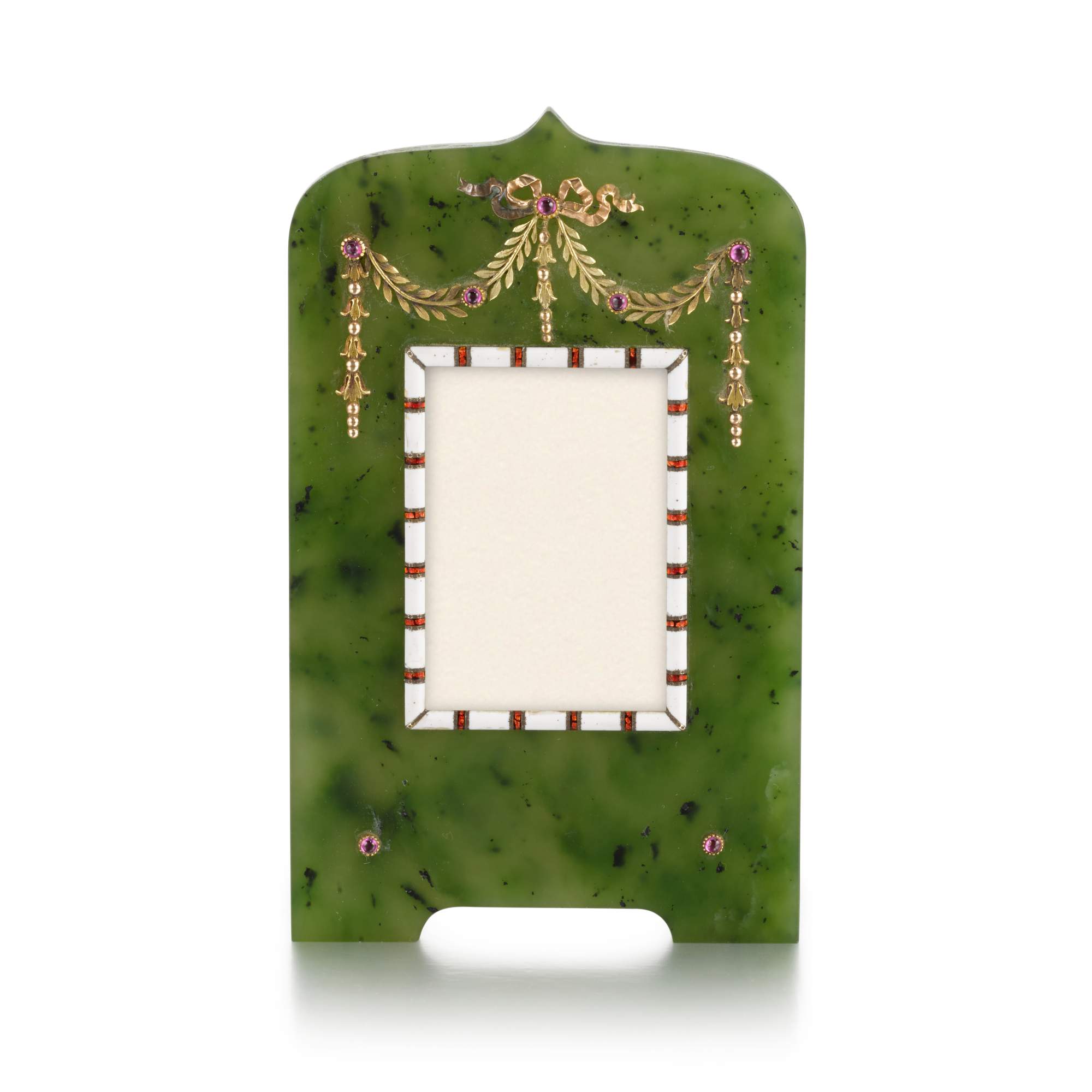 A Fabergé jewelled gold-mounted guilloché enamel and nephrite frame, probably St Petersburg, circa 1900 — A Fabergé jewelled gold-mounted guilloché enamel and nephrite frame, probably St Petersburg, circa 1900