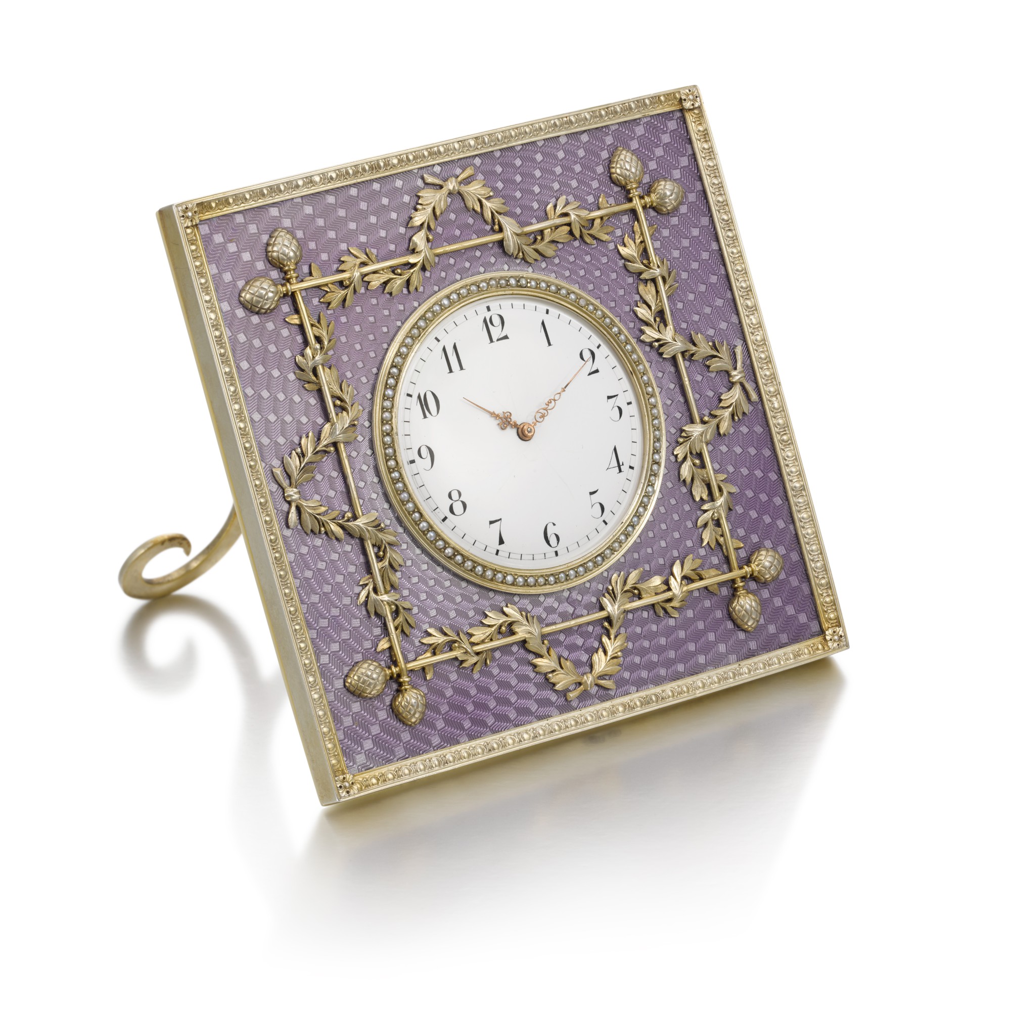 A Fabergé silver and guilloché enamel desk clock, workmaster Michael Perkhin, St Petersburg, circa 1890 — A Fabergé silver and guilloché enamel desk clock, workmaster Michael Perkhin, St Petersburg, circa 1890