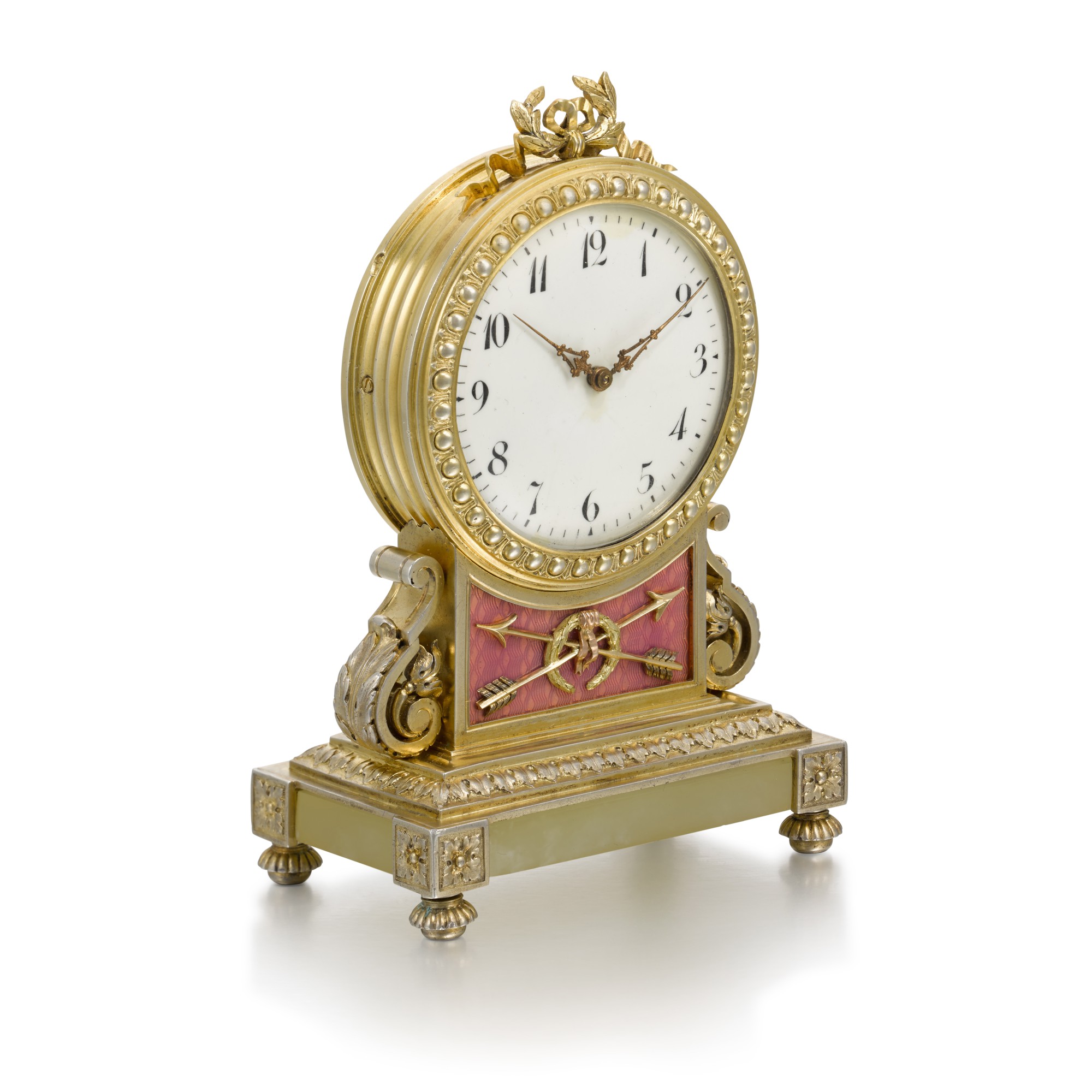 Unknown — A rare and early Fabergé varicoloured gold-mounted, silver-gilt, guilloché enamel and bowenite desk clock, workmaster Michael Perkhin, St Petersburg, circa 1890