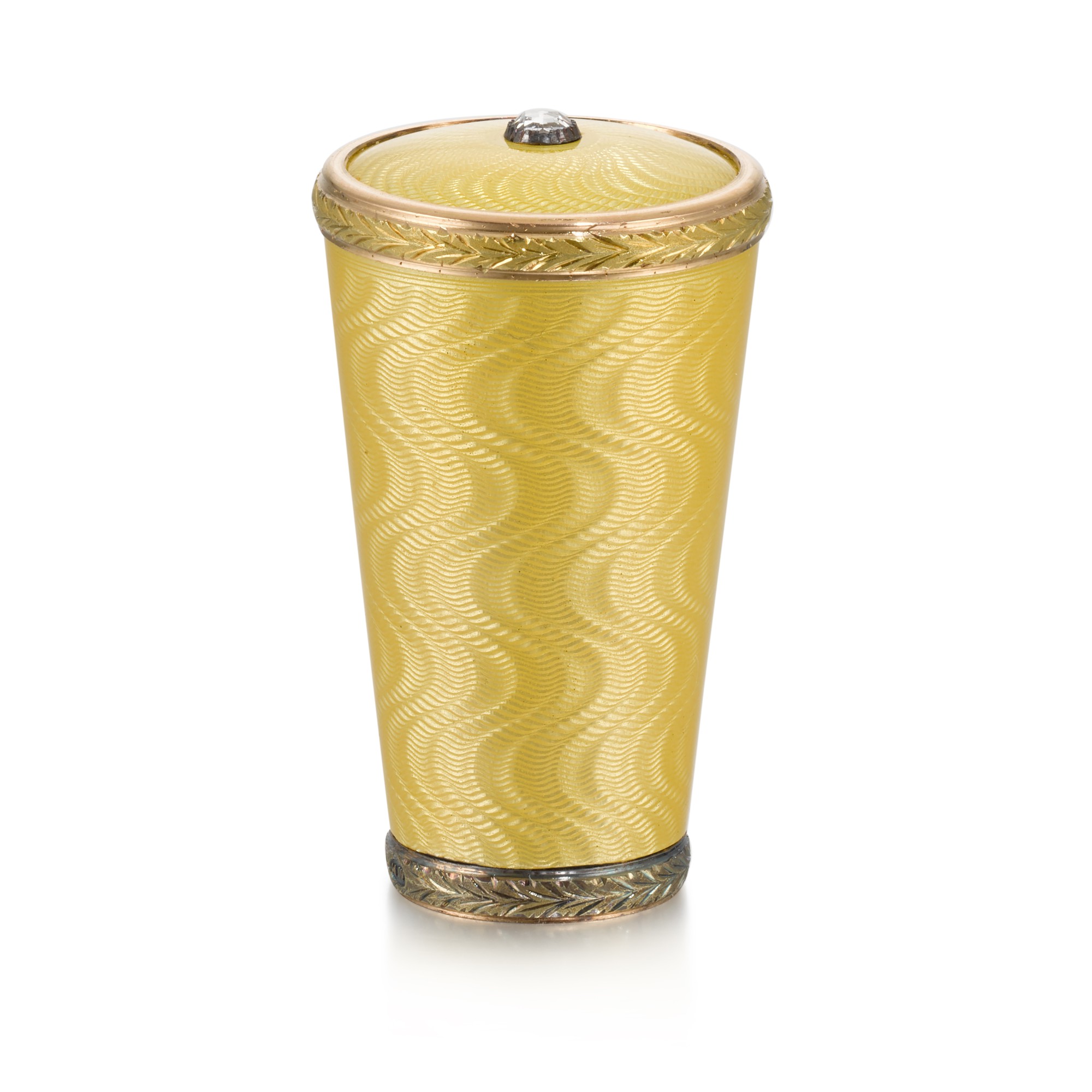 A Fabergé jewelled gold and yellow guilloché enamel cane handle, workmaster Henrik Wigström, St Petersburg, 1904-1908 — A Fabergé jewelled gold and yellow guilloché enamel cane handle, workmaster Henrik Wigström, St Petersburg, 1904-1908