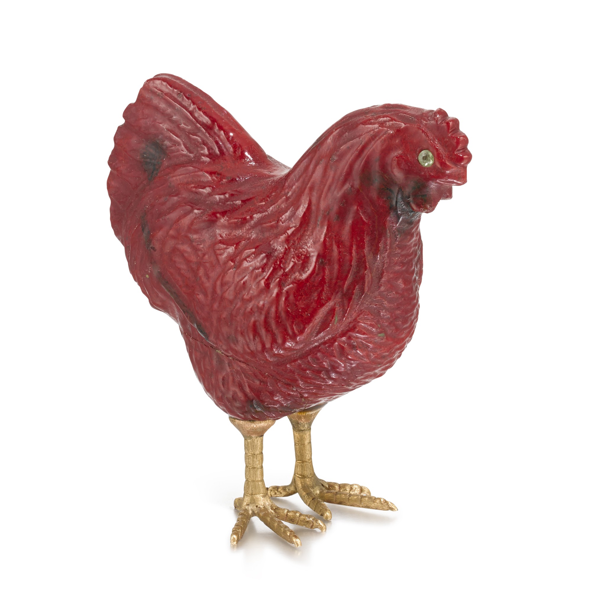 A Fabergé jewelled gold and purpurin model of a hen, St Petersburg, circa 1900 — A Fabergé jewelled gold and purpurin model of a hen, St Petersburg, circa 1900