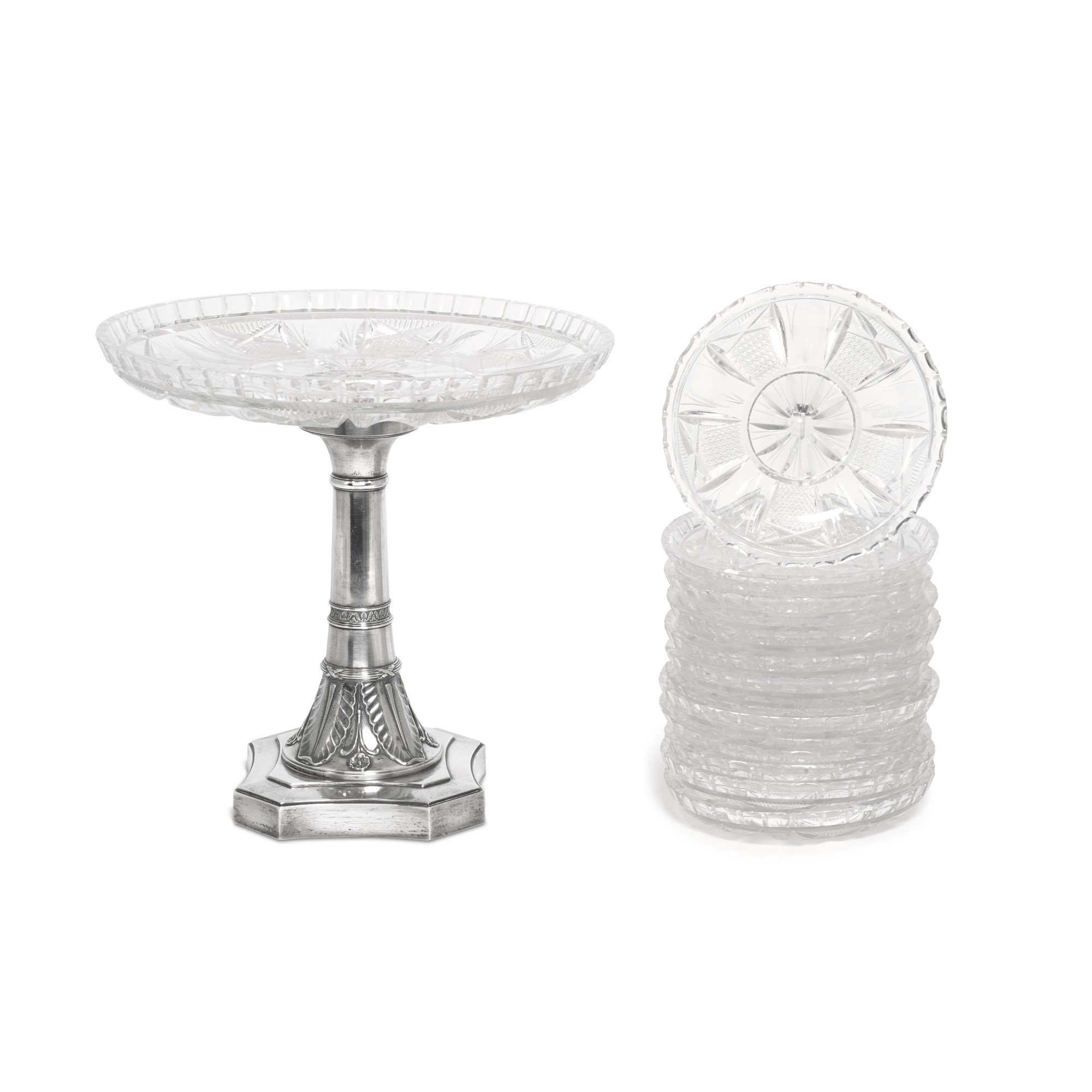 Unknown — A silver and cut-glass tazza and twelve cut-glass plates, Egor Cheryatov, retailed by Lorié, 1899-1908