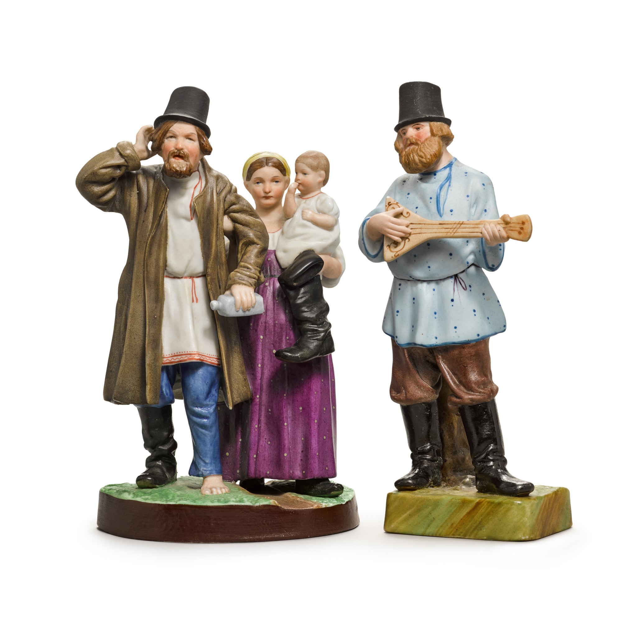 A balalaika player and woman with her child and drunken husband: two porcelain figures, Gardner Porcelain Factory, Verbilki, circa 1820s — A balalaika player and woman with her child and drunken husband: two porcelain figures, Gardner Porcelain Factory, Verbilki, circa 1820s