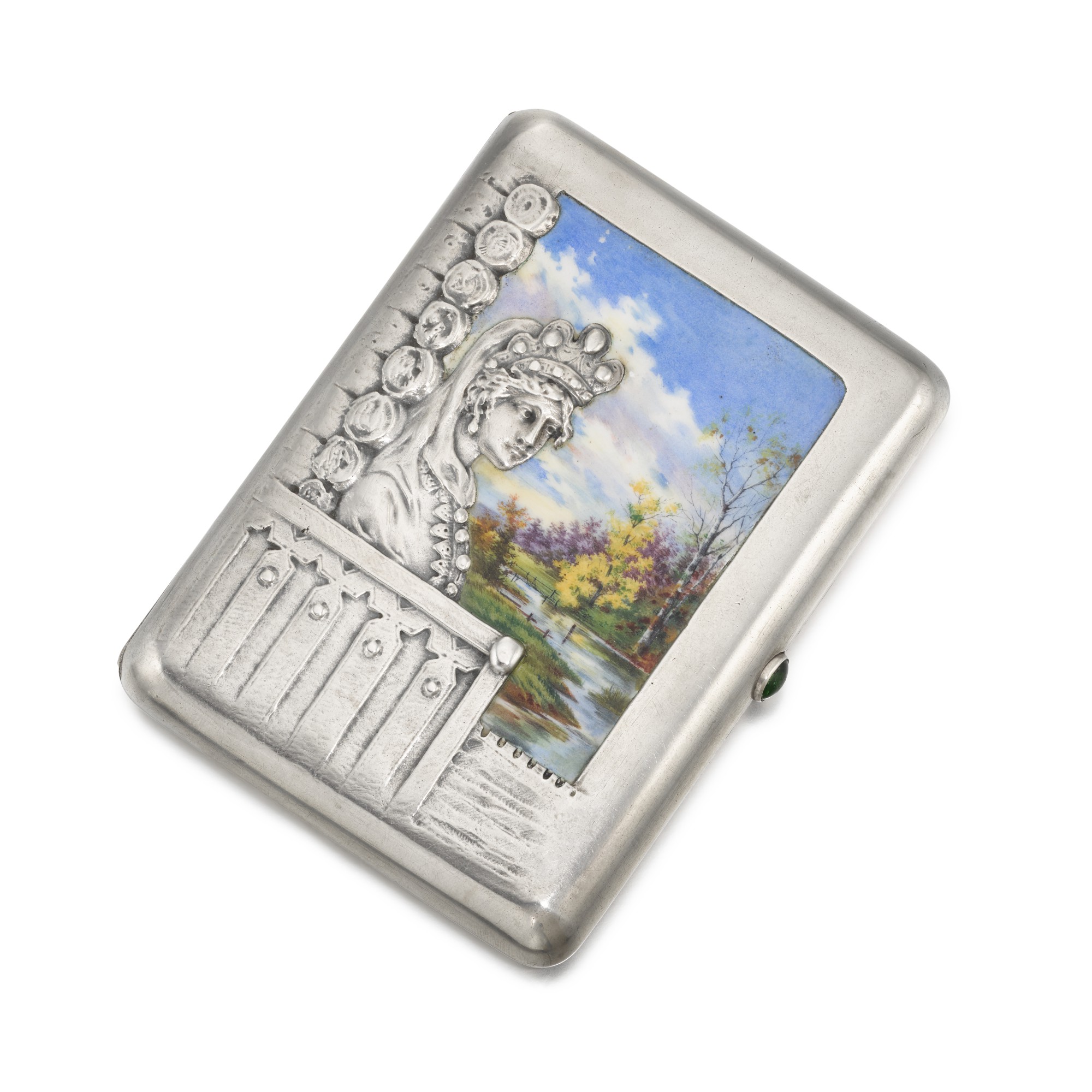 Unknown — A parcel gilt silver and pictorial enamel cigarette case, maker in Cyrillic 'A Kh', Moscow, 1908-1917