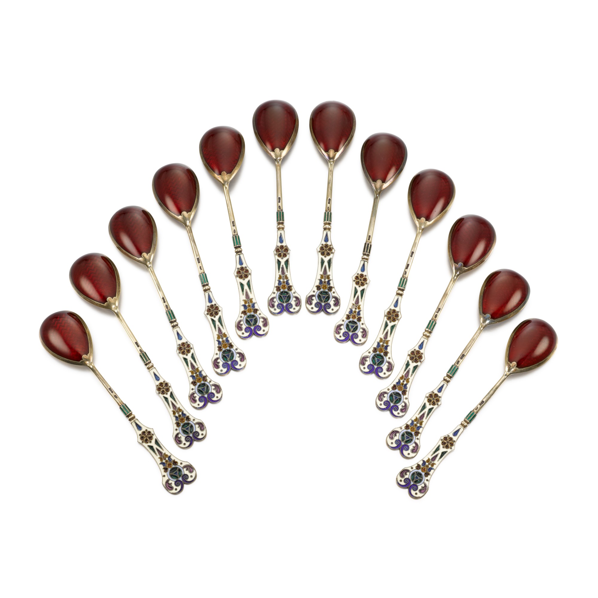 Unknown (Historical) — A set of twelve cloisonné and champlevé enamel silver-gilt spoons, 11th Artel, Moscow, 1899-1908   