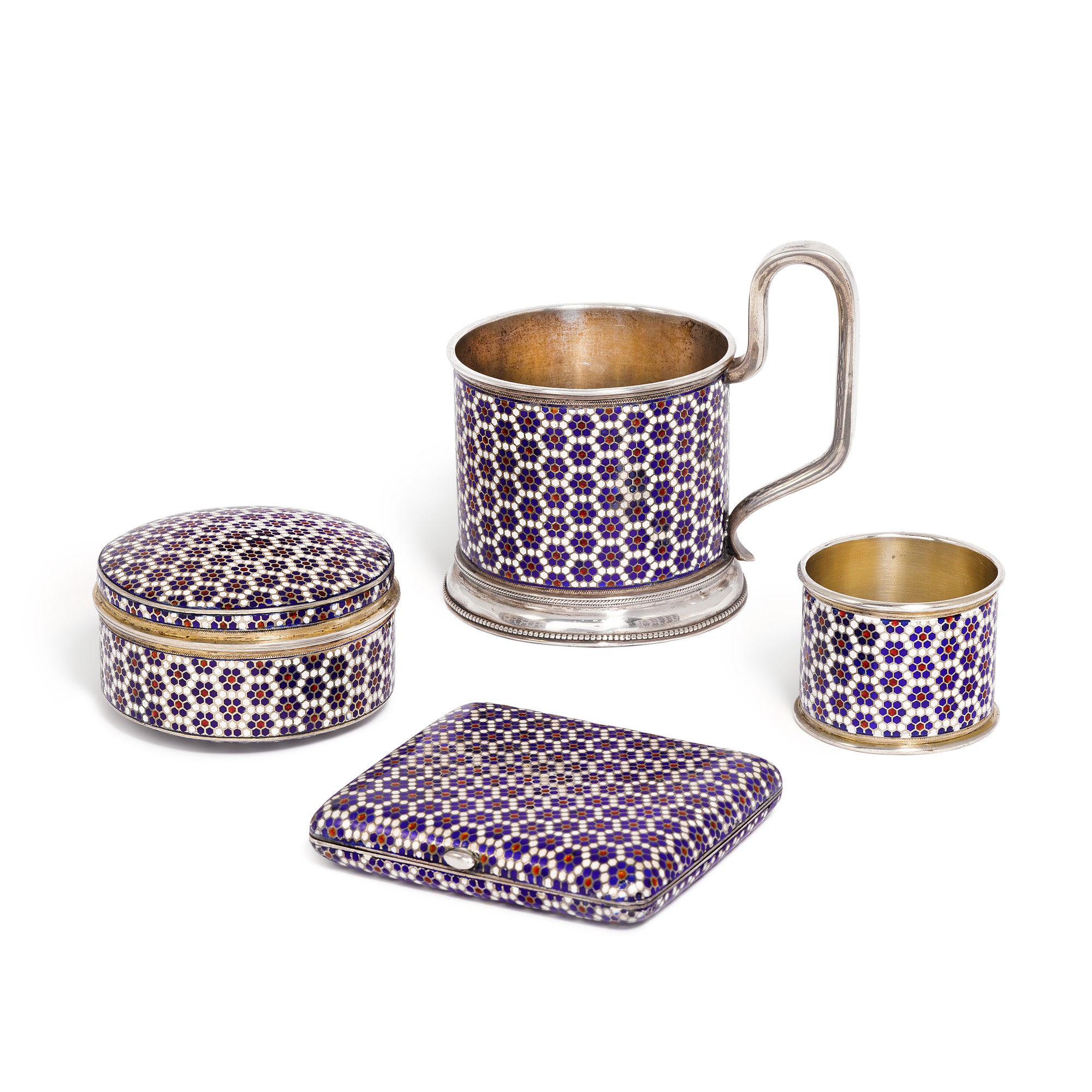 Unknown — A silver and cloisonné enamel tea glass holder, cigarette case, bonbonnière and napkin ring, Gustav Klingert, Moscow, various dates