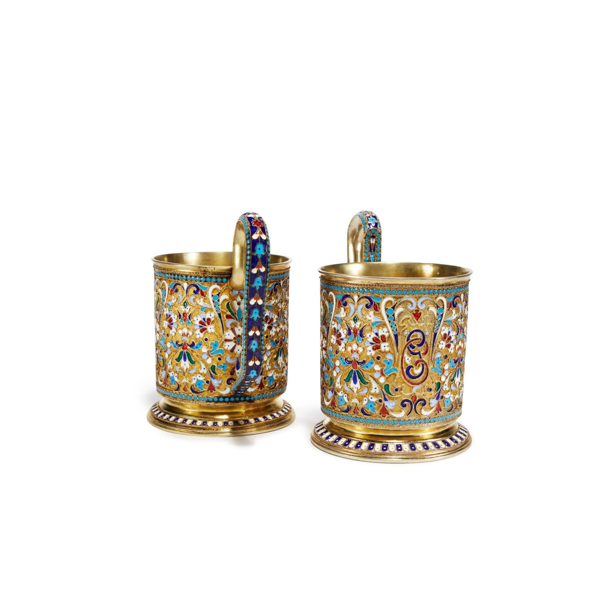 Unknown — A pair of silver-gilt and cloisonné enamel glass holders, Petr Fariseev, Moscow, 1899-1908