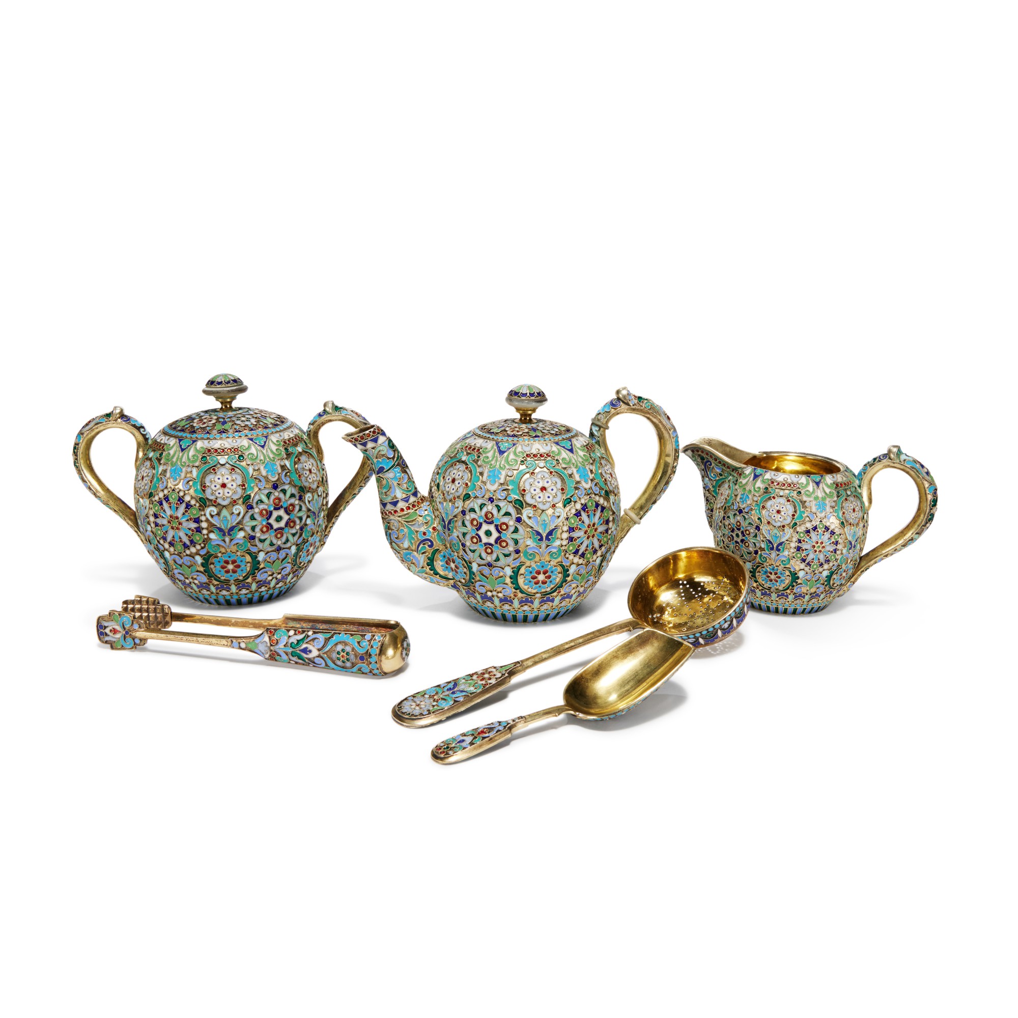 A six-piece silver-gilt and cloisonné enamel tea service, Pavel Ovchinnikov, Moscow, 1908-1917 — A six-piece silver-gilt and cloisonné enamel tea service, Pavel Ovchinnikov, Moscow, 1908-1917