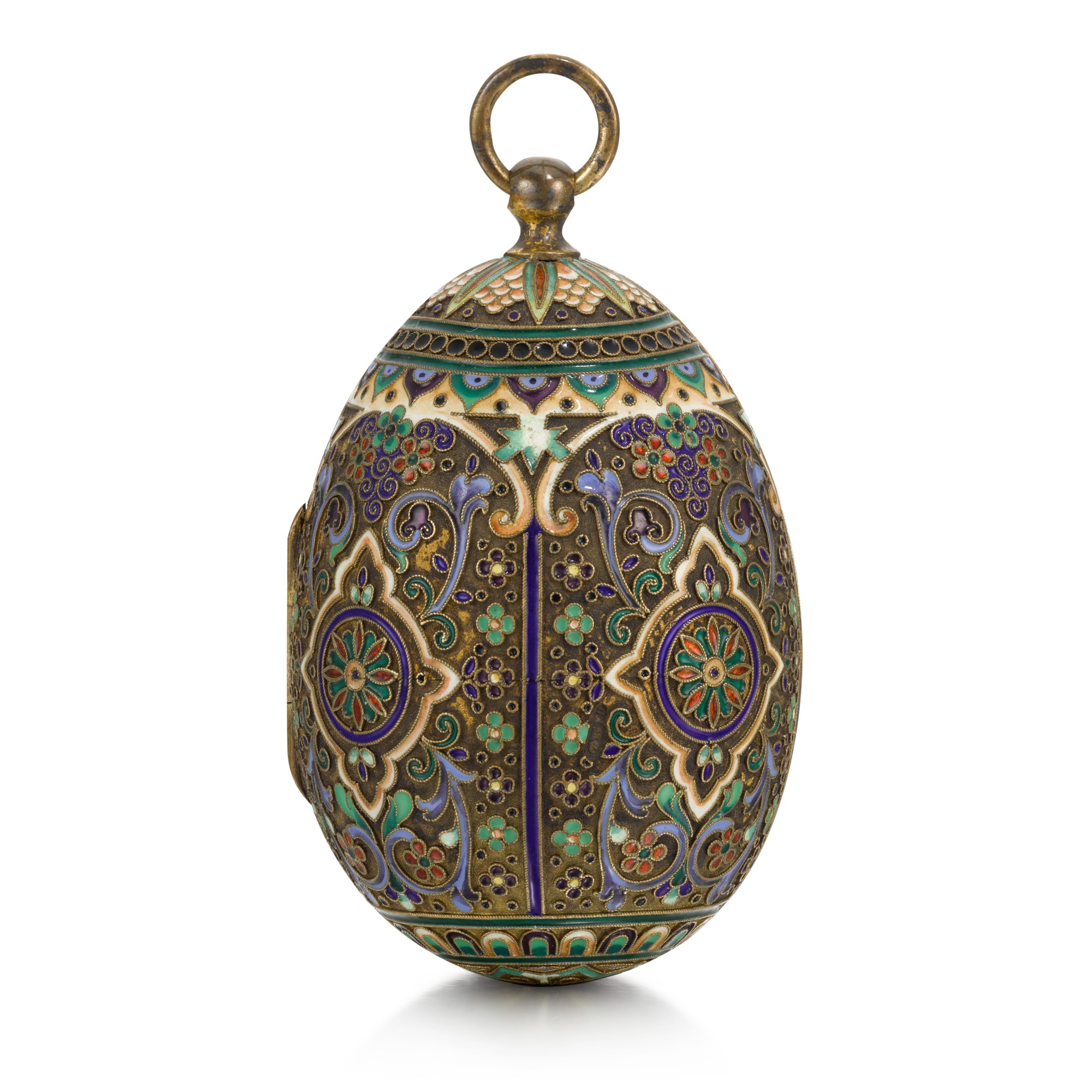 An egg-shaped silver-gilt and cloisonné enamel pendant icon, 11th Artel, Moscow, 1908-1917 — An egg-shaped silver-gilt and cloisonné enamel pendant icon, 11th Artel, Moscow, 1908-1917