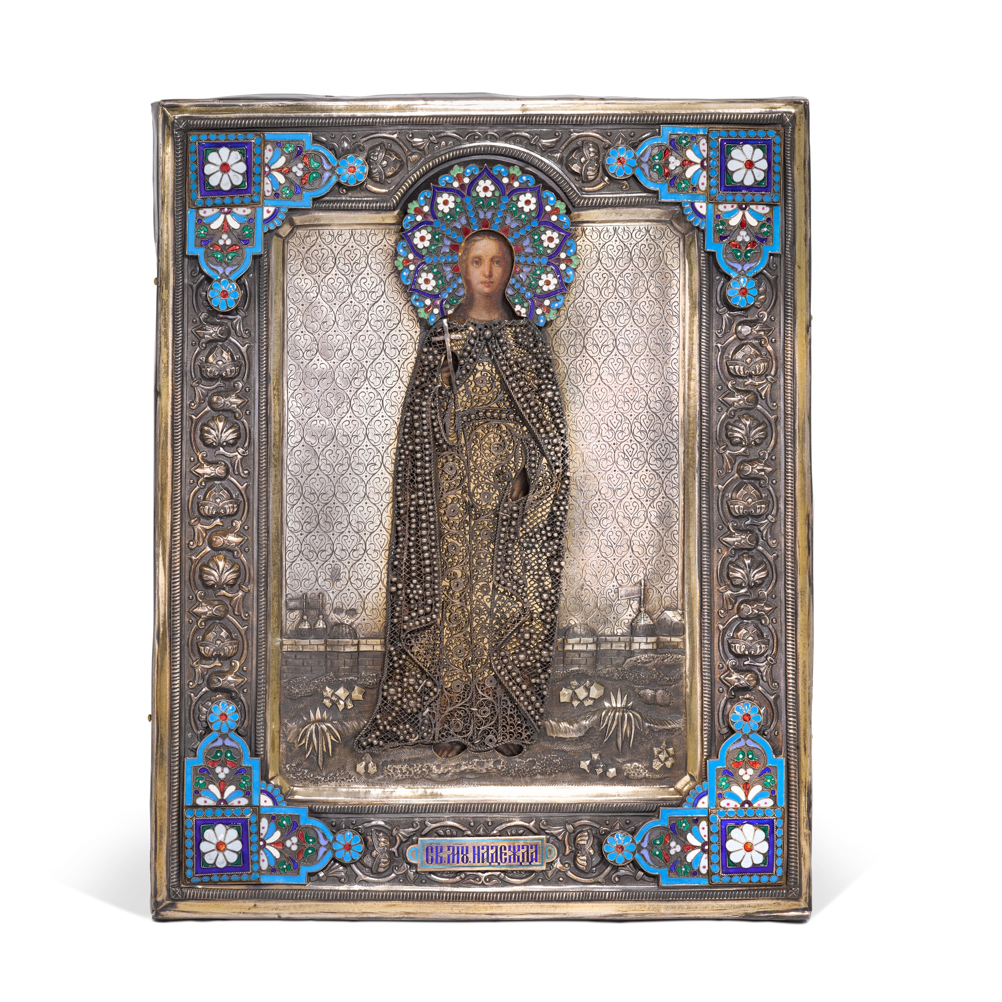 Unknown — A parcel-gilt cloisonné enamel icon of St Nadezhda, maker in Cyrillic 'A P', Moscow, 1899-1908  