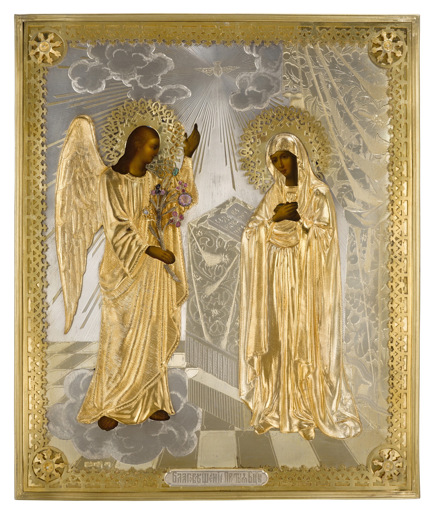 A gem-set silver-gilt icon of the Annunciation, Dmitri Orlov, Moscow, 1868 — A gem-set silver-gilt icon of the Annunciation, Dmitri Orlov, Moscow, 1868