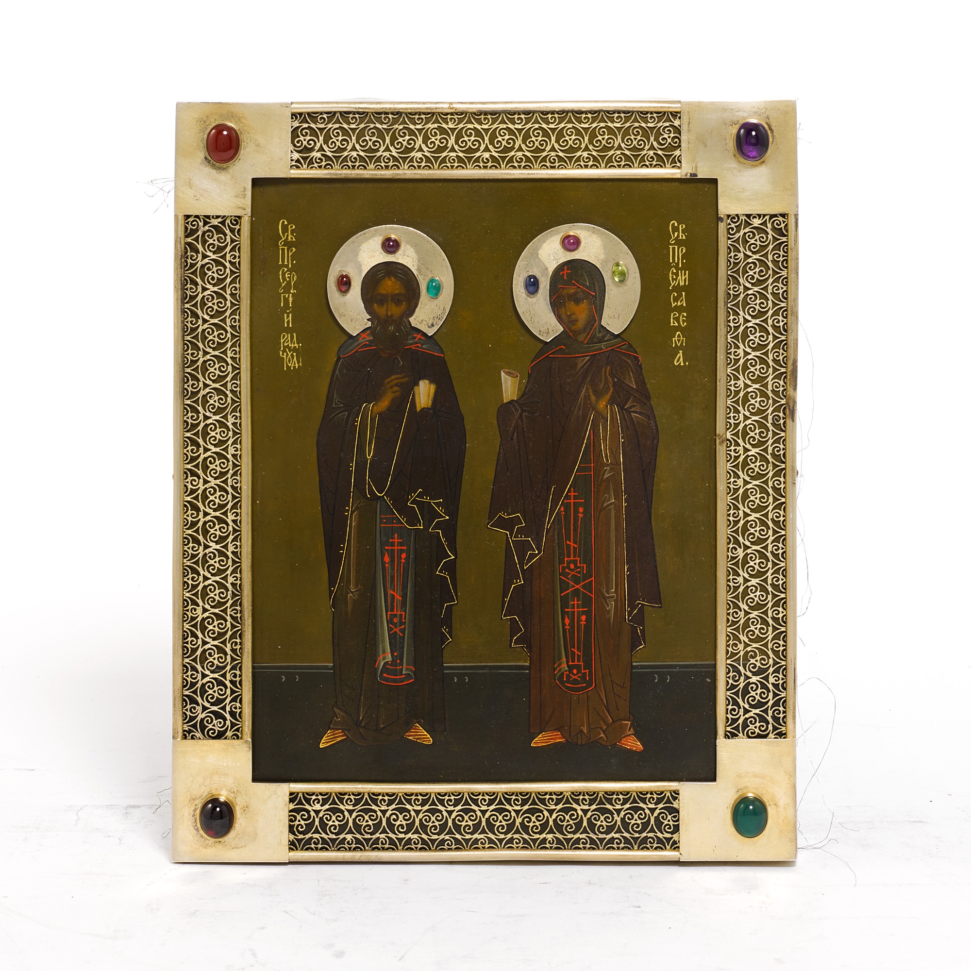 Unknown — A silver-gilt gem-set icon of St Sergei Radonezhsky and St Elisaveta, Kuzma Konov, Moscow, 1899-1908