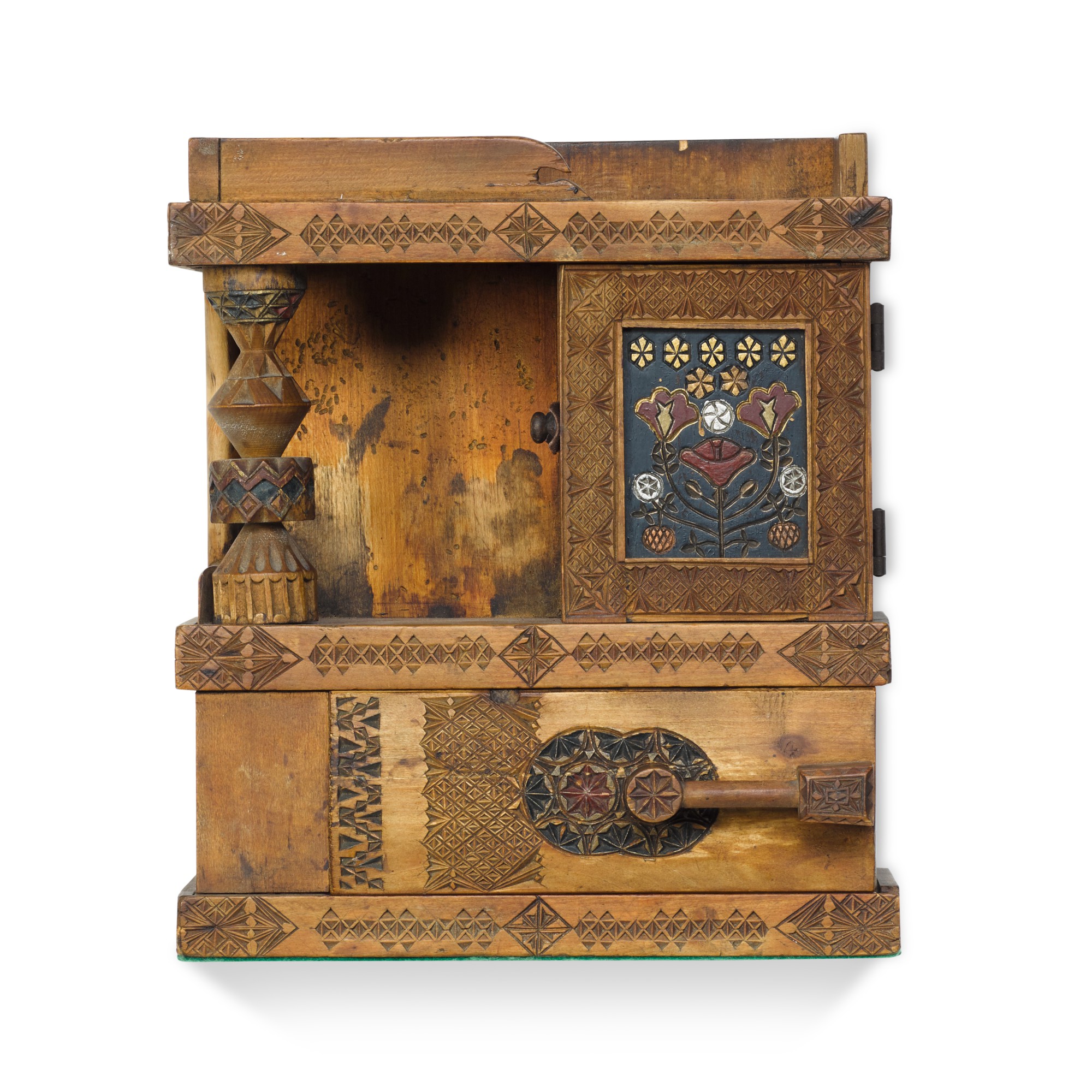 A carved birch wall cabinet, Elena Polenova, Abramtsevo, late 19th to 20th century — A carved birch wall cabinet, Elena Polenova, Abramtsevo, late 19th to 20th century