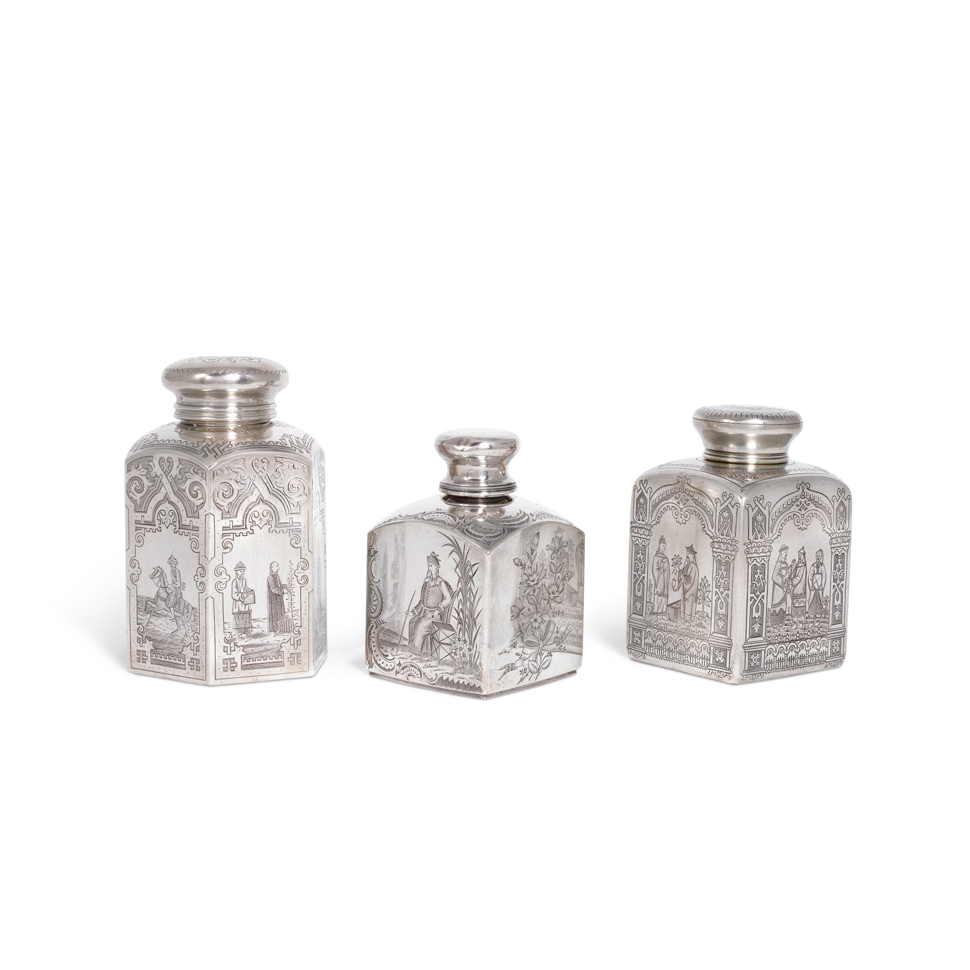 Unknown (Historical) — A set of three chinoiserie silver tea caddies, various makers and dates, Moscow
