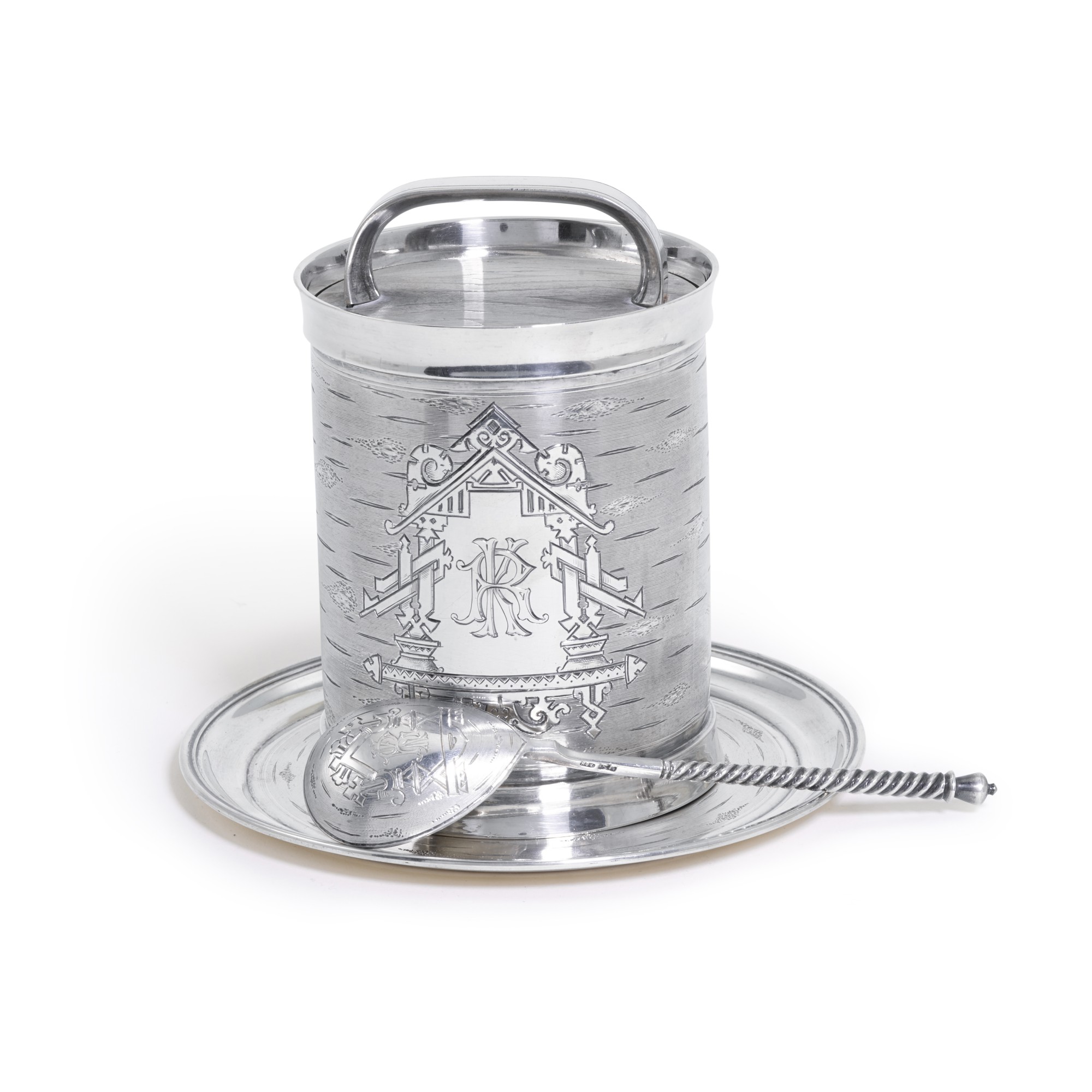 Unknown — A silver trompe l'oeil caviar set, makers in Cyrillic 'K.V' and 'P.G', Moscow, 1876