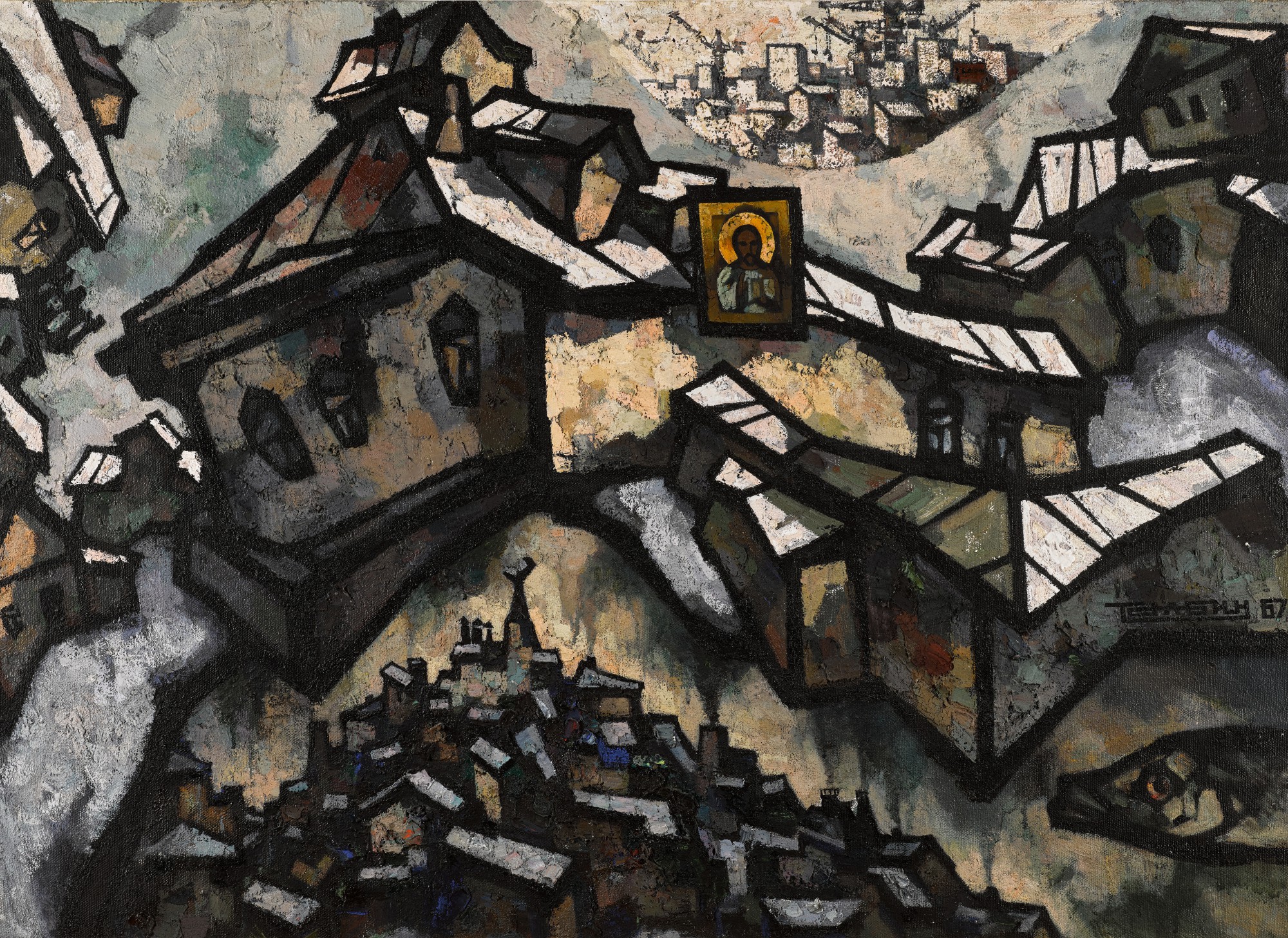 Oskar Rabin — Houses in Priluki with Carp