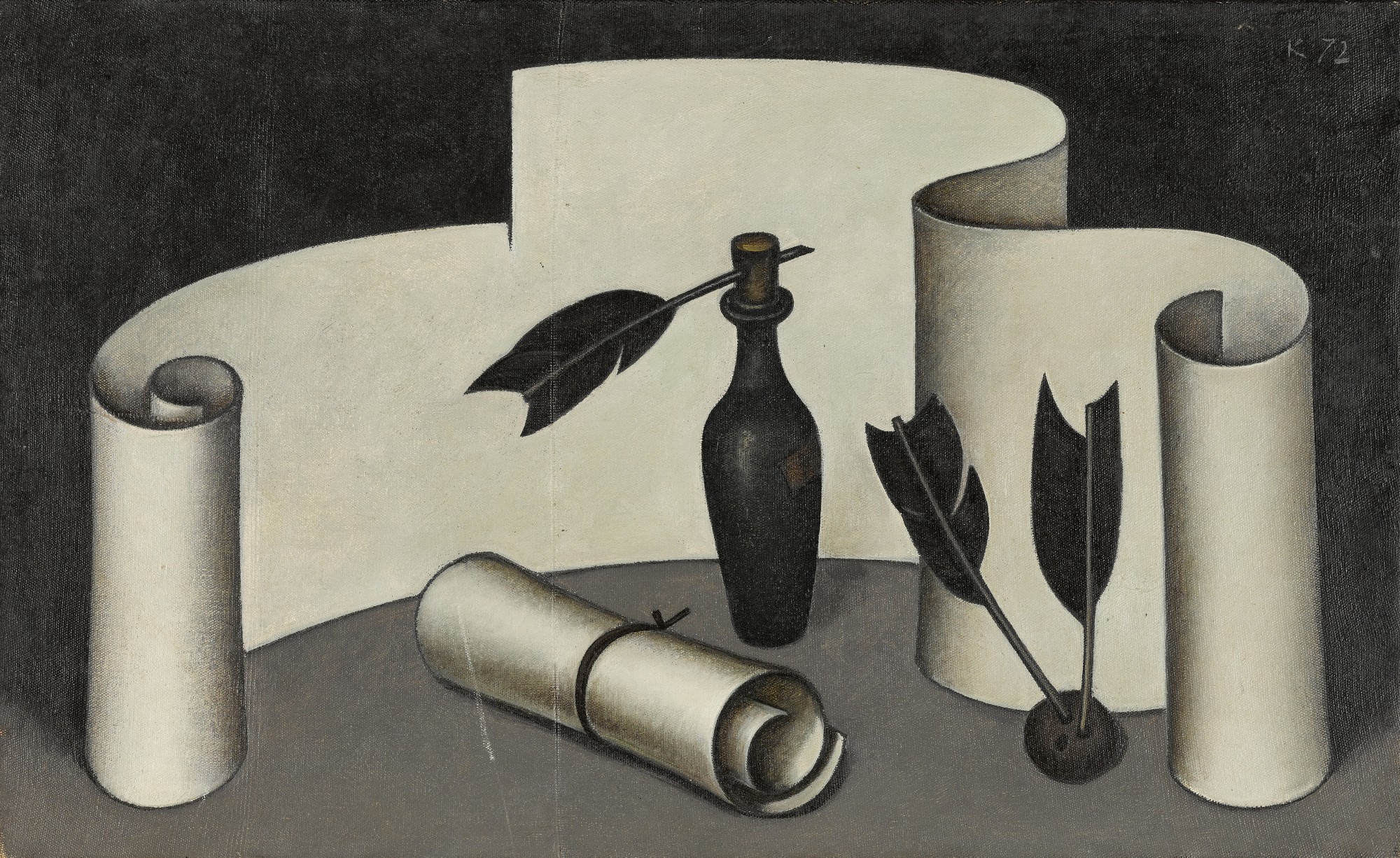 Still Life with Scroll, Bottle and Three Feathers