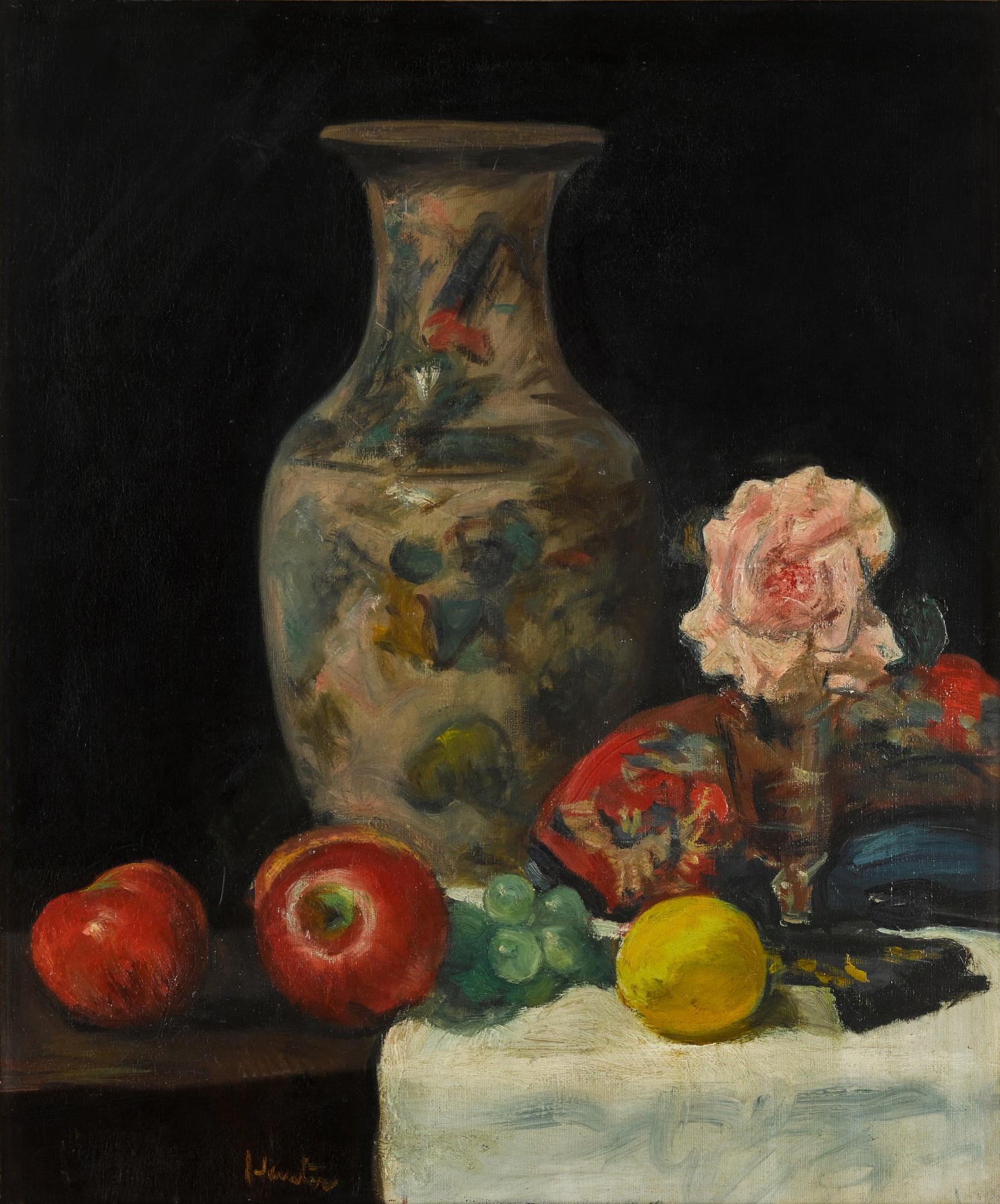 George Leslie Hunter — Oriental Vase, Red Apples and Pink Roses in a Glass Vase