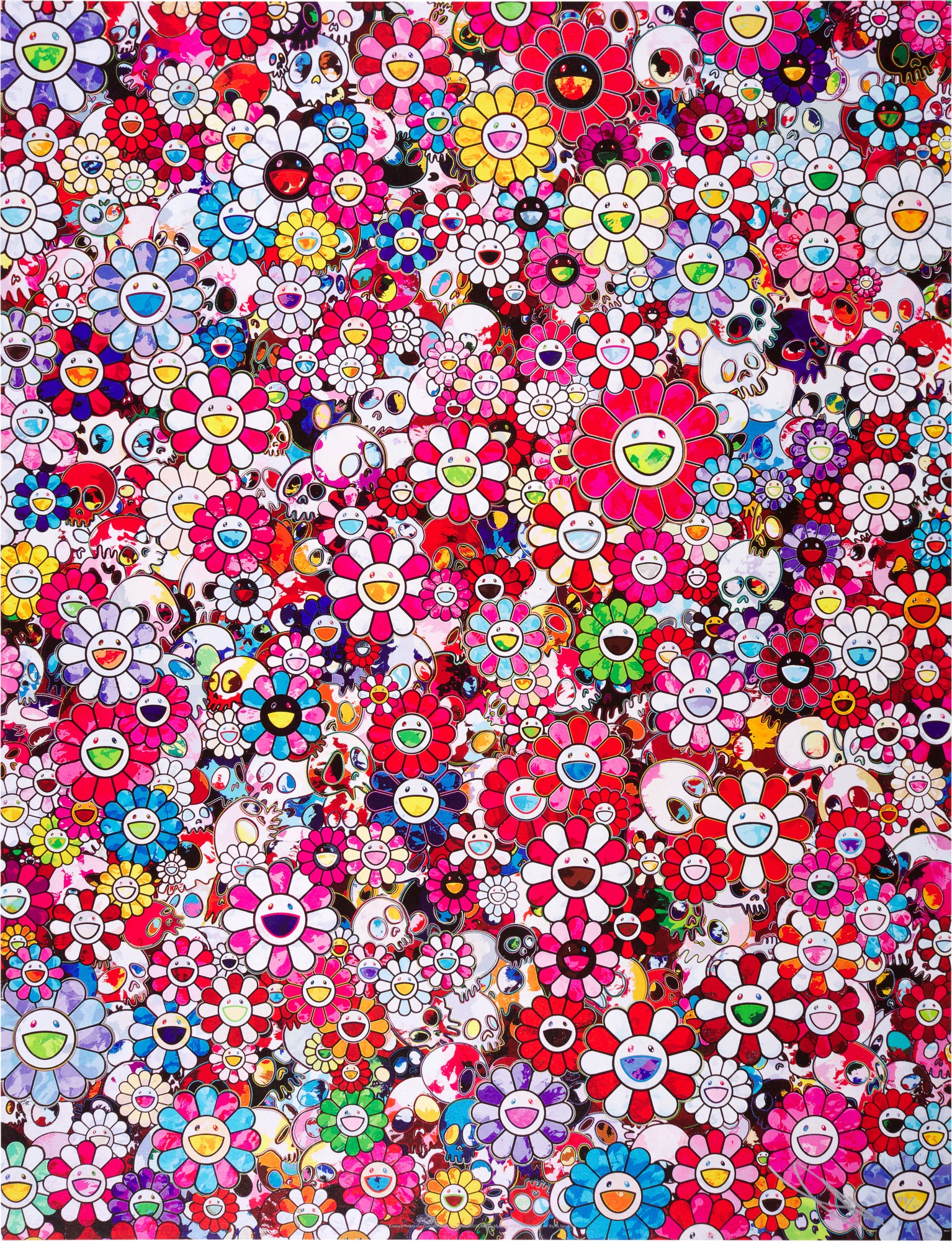 Takashi Murakami — Dazzling Circus: Embrace Peace and Darkness Within Thy Heart; Zero One; and Skulls & Flowers Multicolor (Three Works)