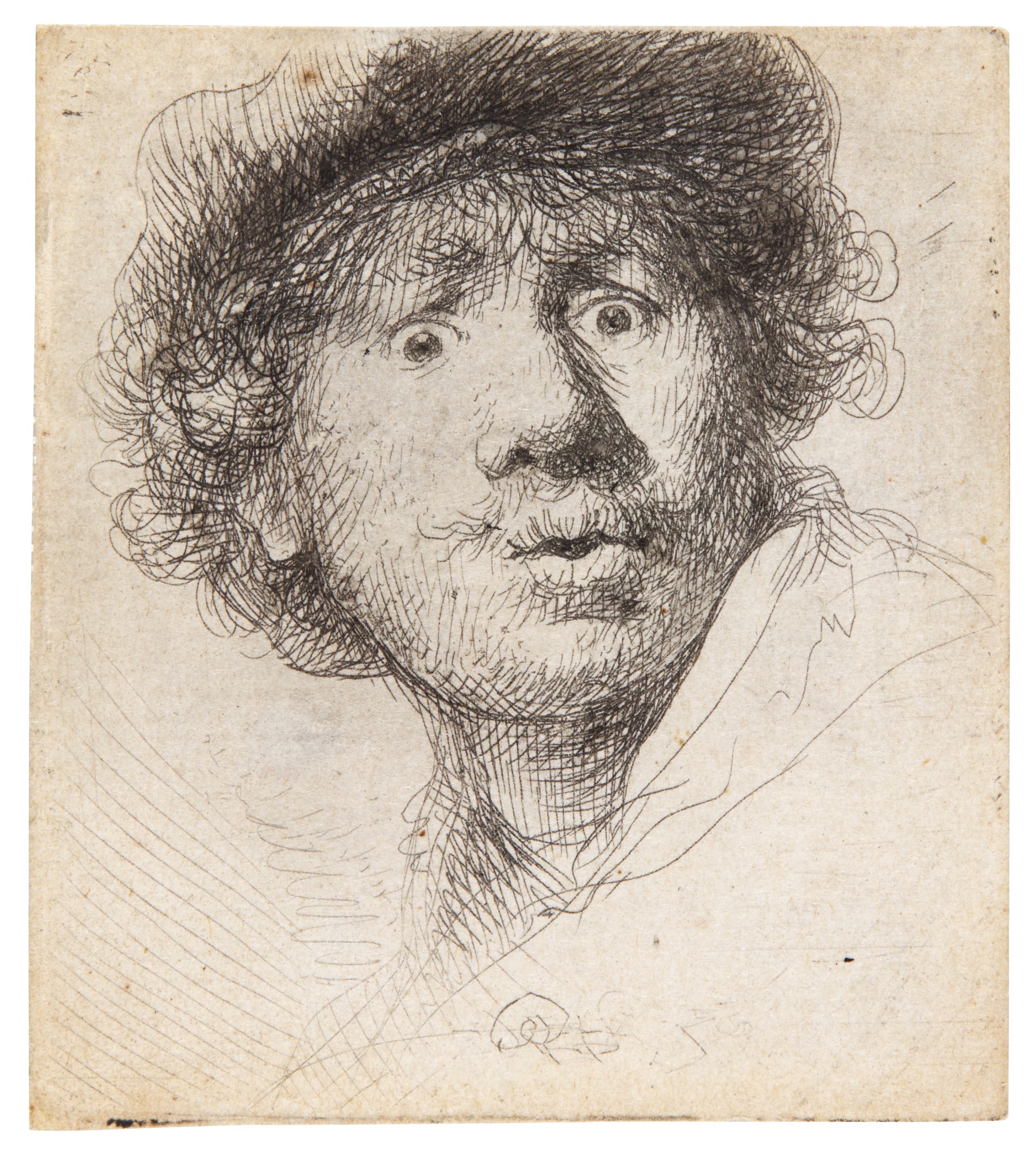 Rembrandt Harmensz. van Rijn — Self-Portrait in a Cap, Wide-eyed and Open-mouthed (Bartsch, Hollstein 320; New Hollstein 69; Hind 32)