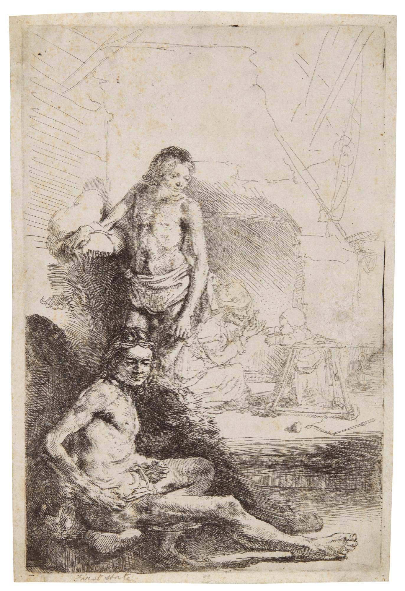 Rembrandt Harmensz. van Rijn — Male Nude, Seated and Standing ('Het Rolwagentje') (B., Holl. 194; New Holl. 233; H. 222)