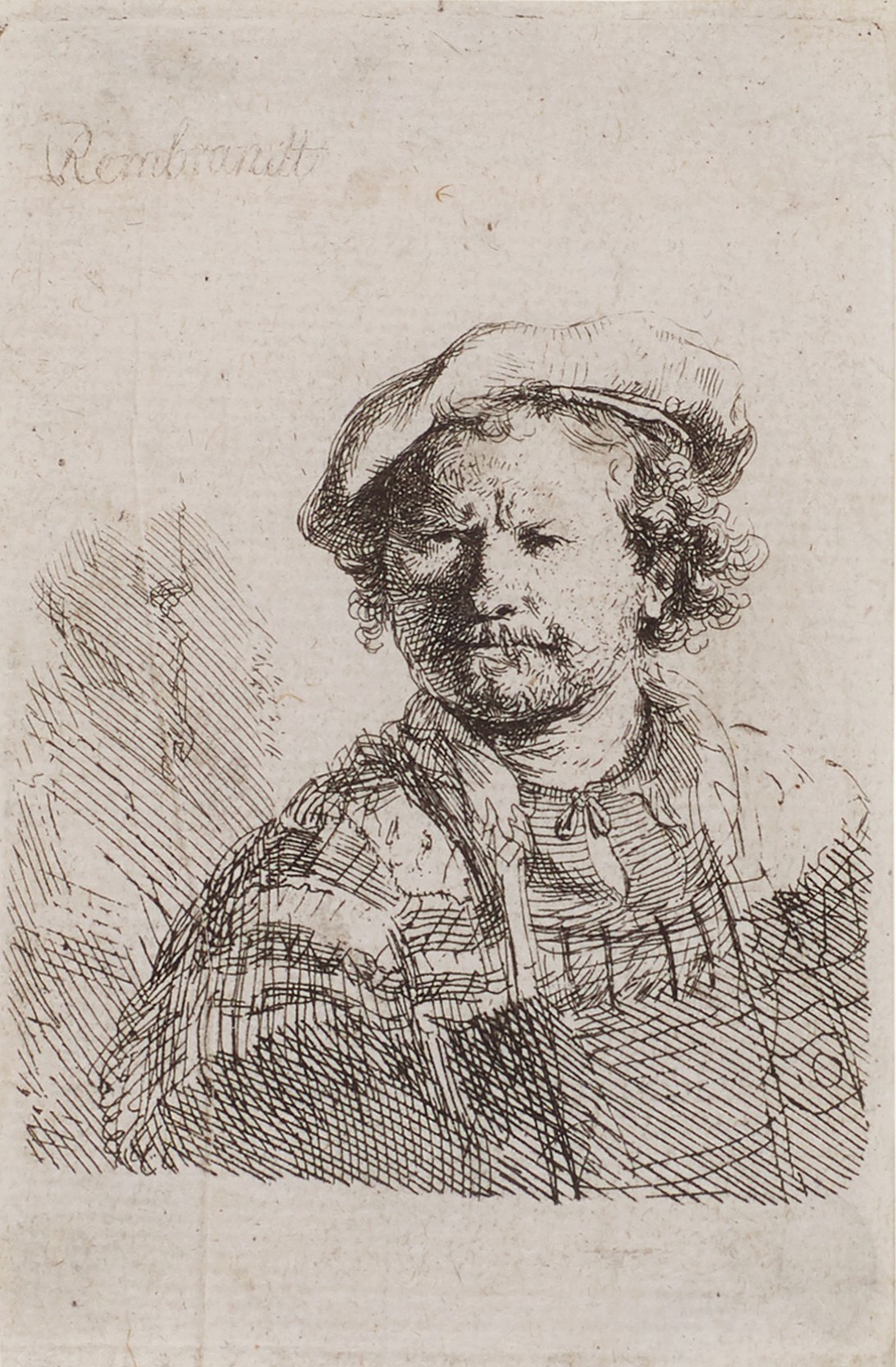 Rembrandt Harmensz. van Rijn — Self-Portrait in a Flat Cap and Embroidered Dress (B., Holl. 210; New Holl. 26; H. 157)