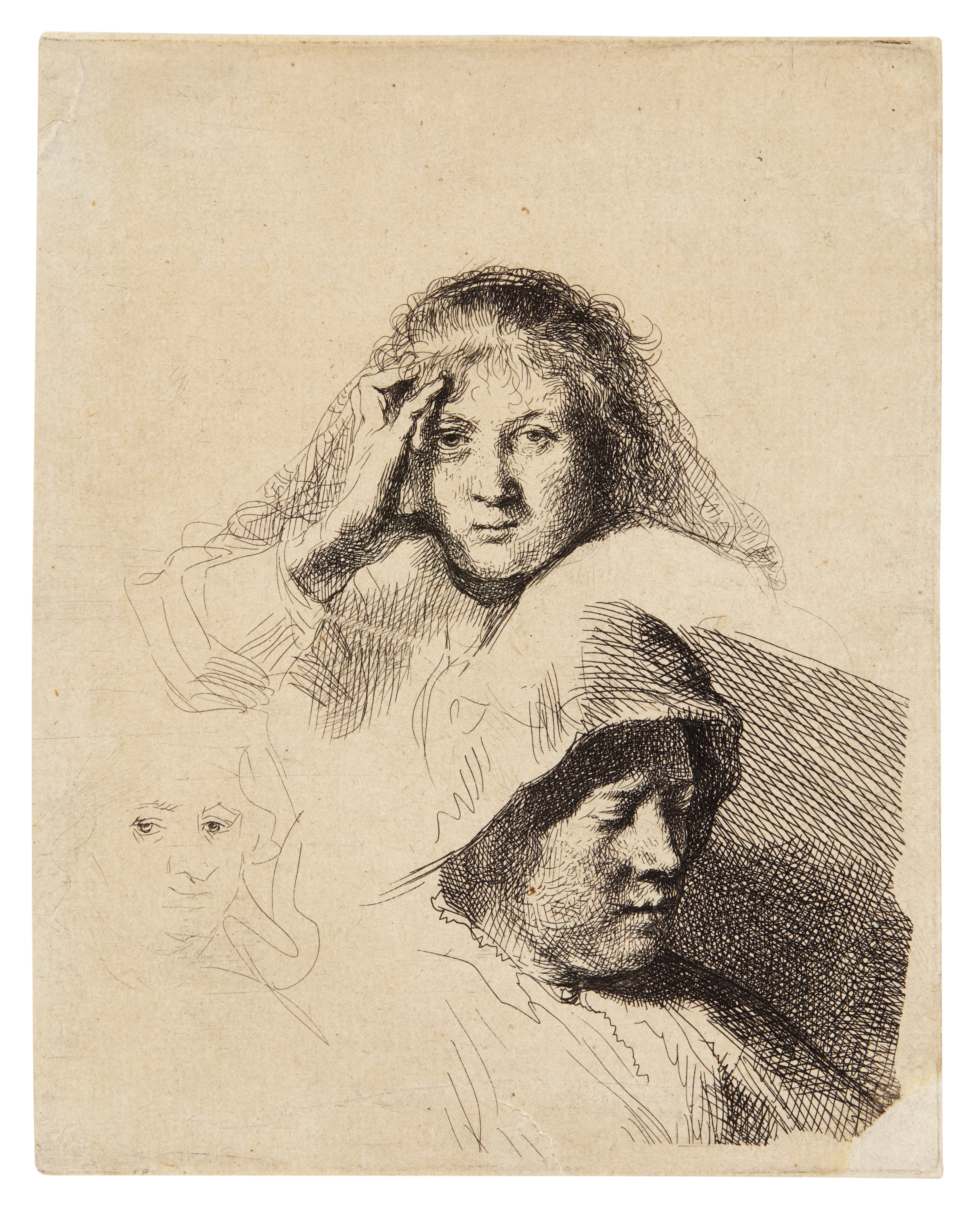 Rembrandt Harmensz. van Rijn — Three Heads of Women, One Lightly Etched (B., Holl. 367; New Holl. 162; H. 153)